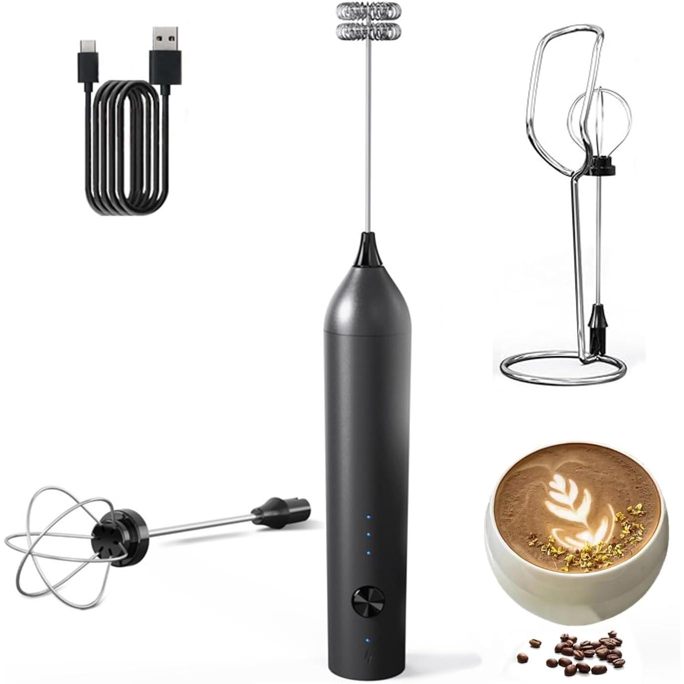 TK Espumador de leche - Espumadores de leche - Espumador de leche manual - Espumador de leche eléctrico - Espumador de leche con soporte - Batidora de bebidas con batidor de acero inoxidable y soporte - Para café/capuchino