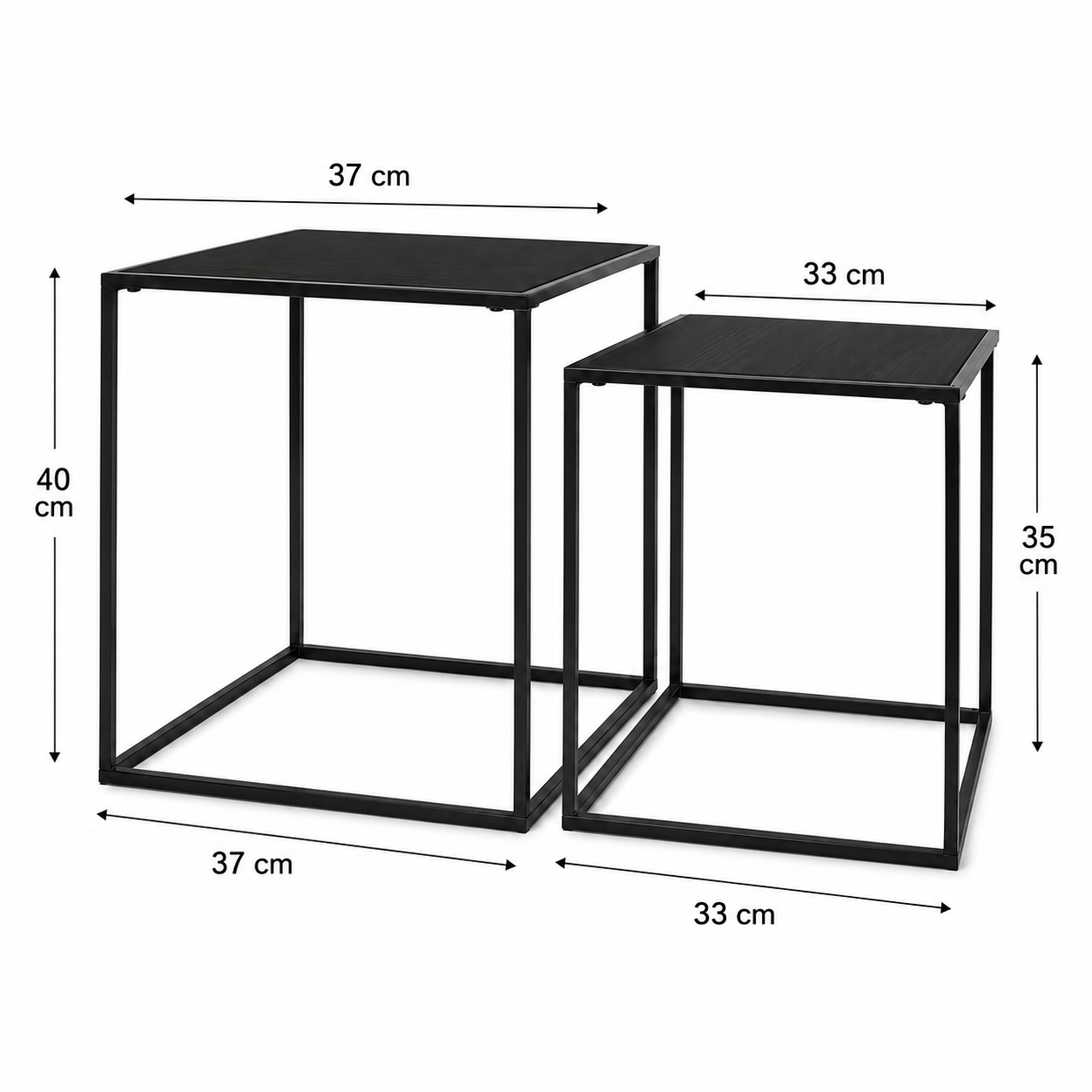 Set de 2 mesas auxiliares nido para salón, estructura metálica negra y tableros en madera o negro, diseño encajable