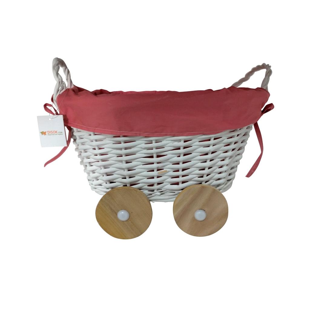 Cesta Mimbre En Forma Carrito Rosa Niña Bautizos Baby Shower Cestos Detalles
