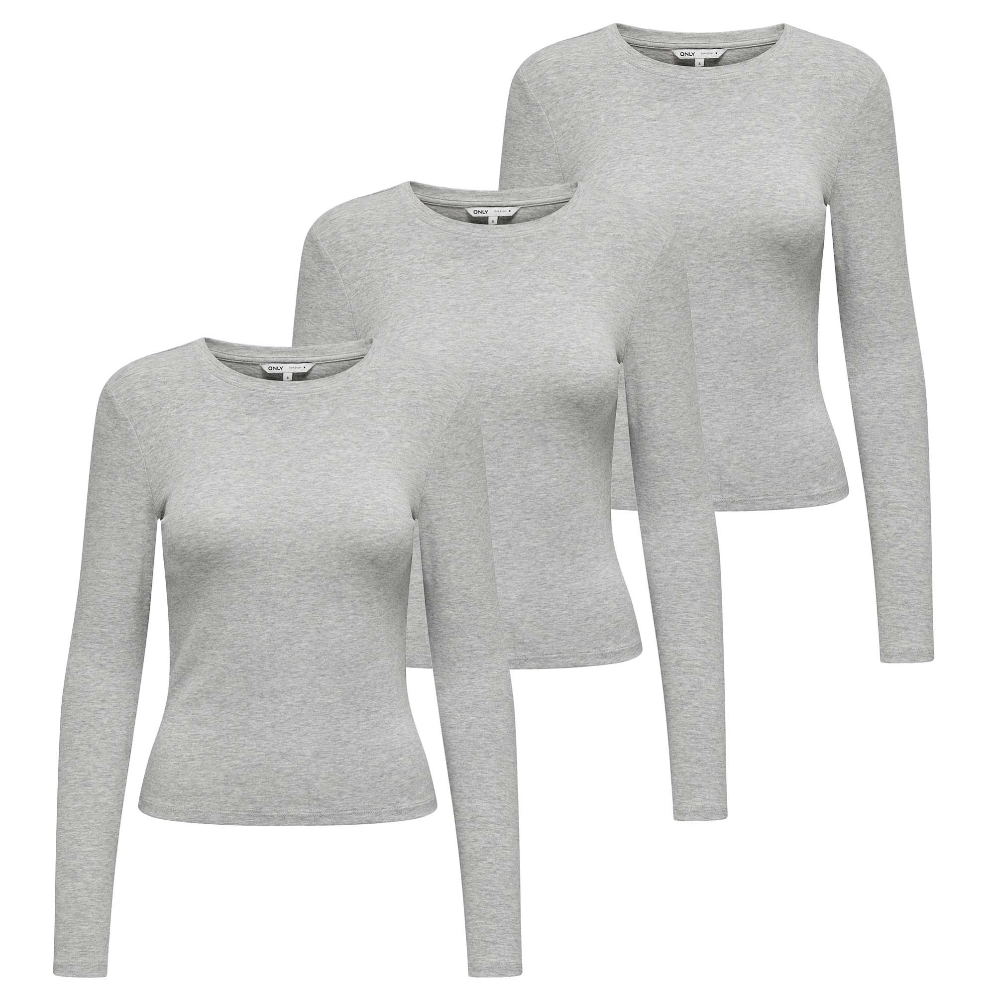ONLY Camiseta de manga larga para mujer paquete de 3 - ONLRILEY O-NECK TOP, manga larga, cuello redondo, algodón elástico ONLRILEY O-NECK TOP 3P