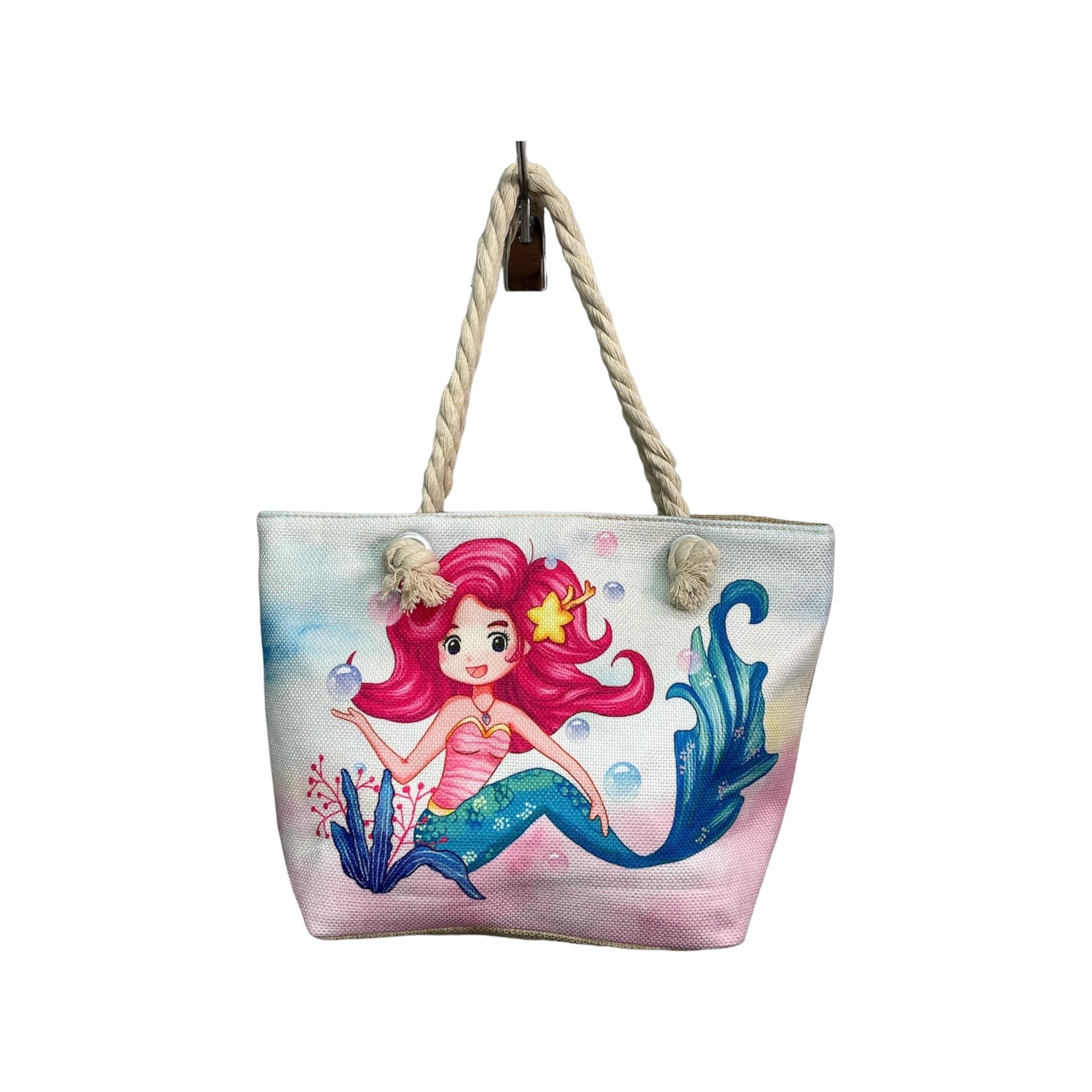 MEJORADA Mini bolso de playa para niña con dibujos de Sirenita,Material 100% poliéster，Medida 32cm×23×10cm