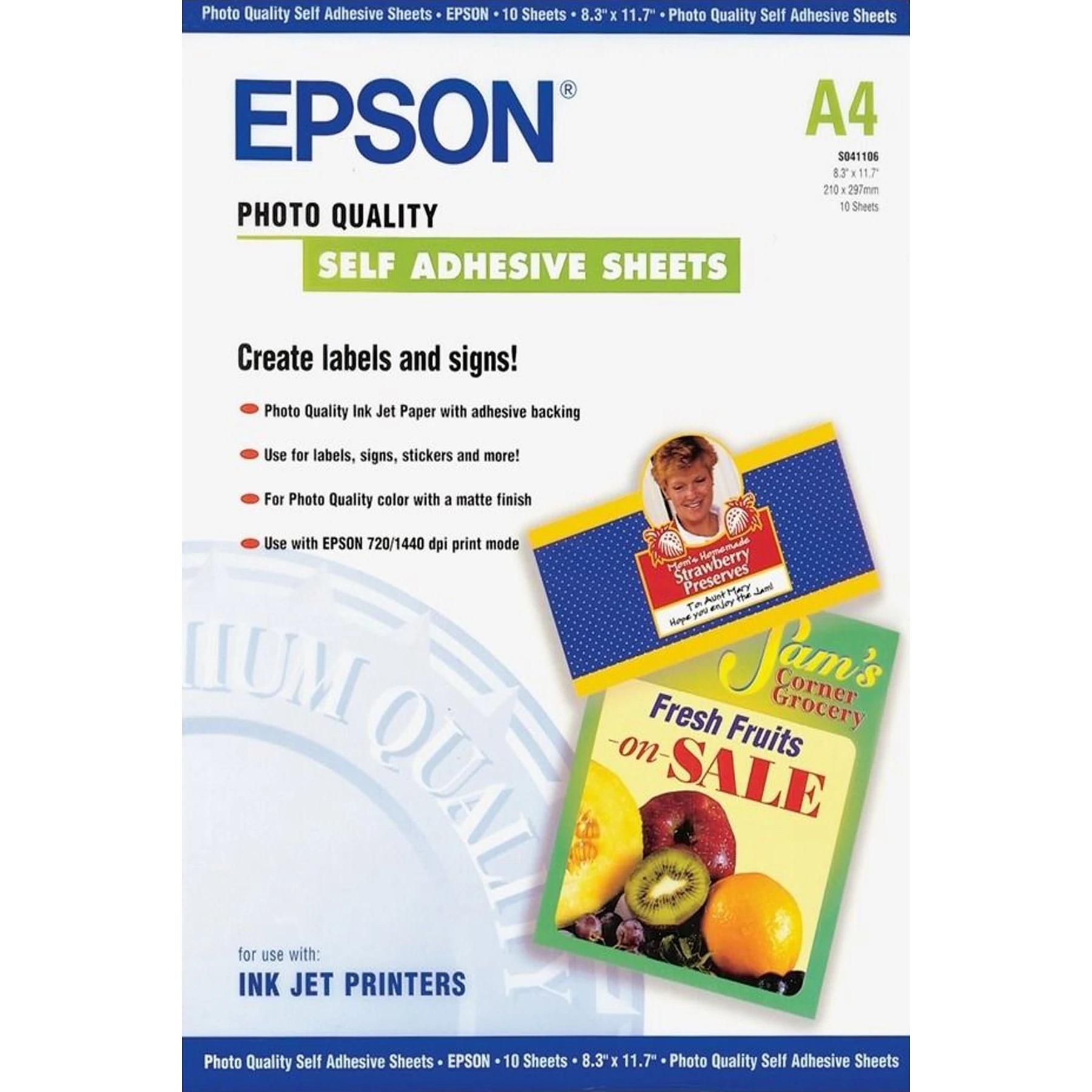 Epson - Papel fotográfico autoadhesivo C13S041106 acabado mate 167 g/m² para impresión nítida y colores vivos, ideal para etiquetas, pegatinas recortables y portadas escolares