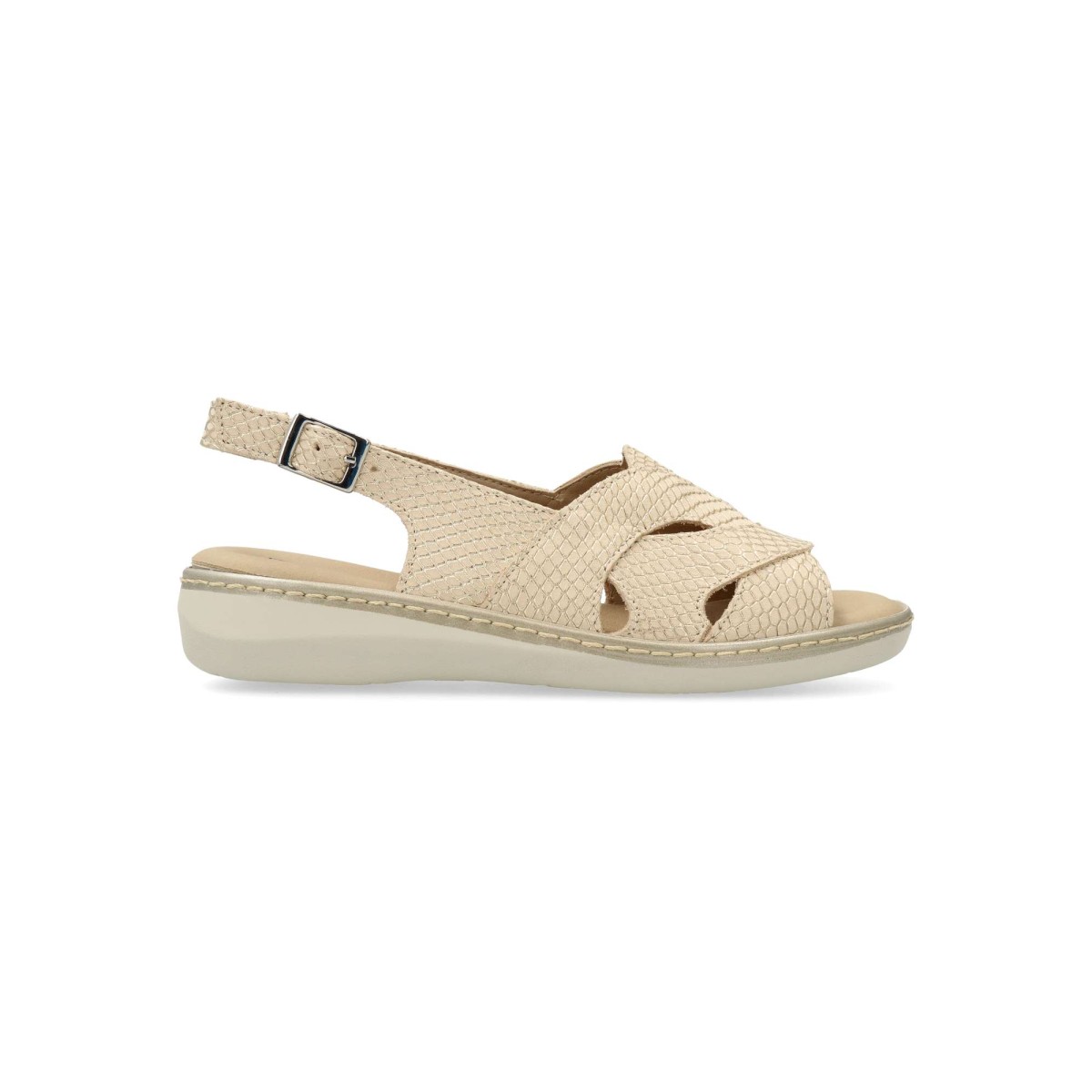 PITILLOS - Sandalias de piel natural grabada con hebilla para mujer, plantilla acolchada extraíble y suela de goma, color oro, estilo cómodo y elegante