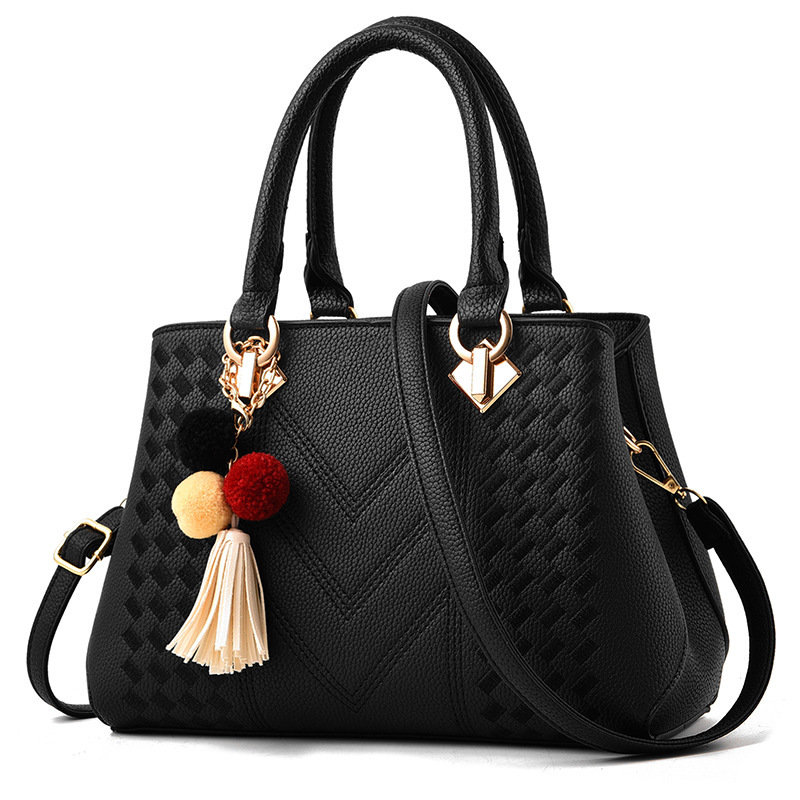 Bolso de mano para mujer, tipo bandolera con asa superior, decorado con pompones y borlas
