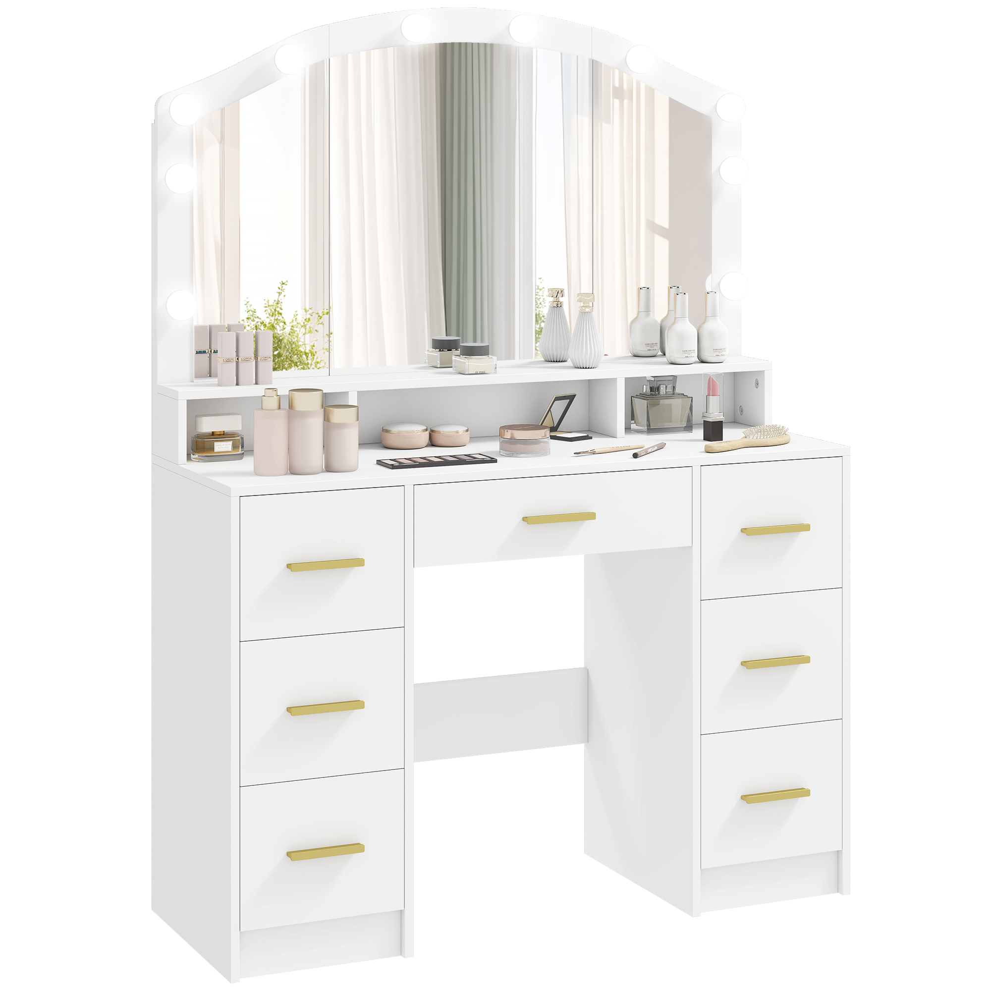 HOMCOM Tocador con 10 Luces LED de 3 Colores, Tocador de Maquillaje con Espejo, Mesa de Maquillaje con 7 Cajones, 3 Compartimentos, Moderno, para Dormitorio, Salón, Blanco