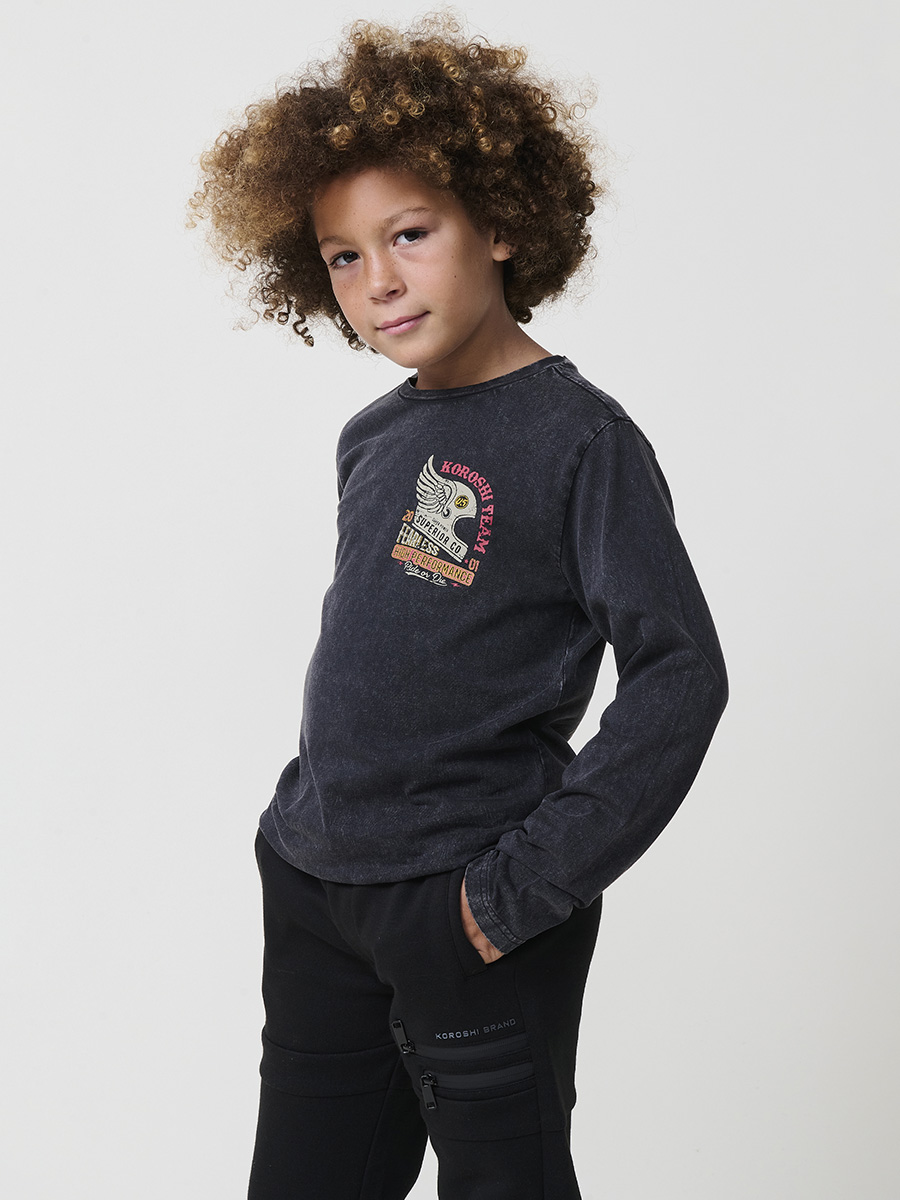 Koroshi - Camiseta niño manga larga cuello canalé 100% algodón suave y transpirable color negro para uso diario y entretiempo