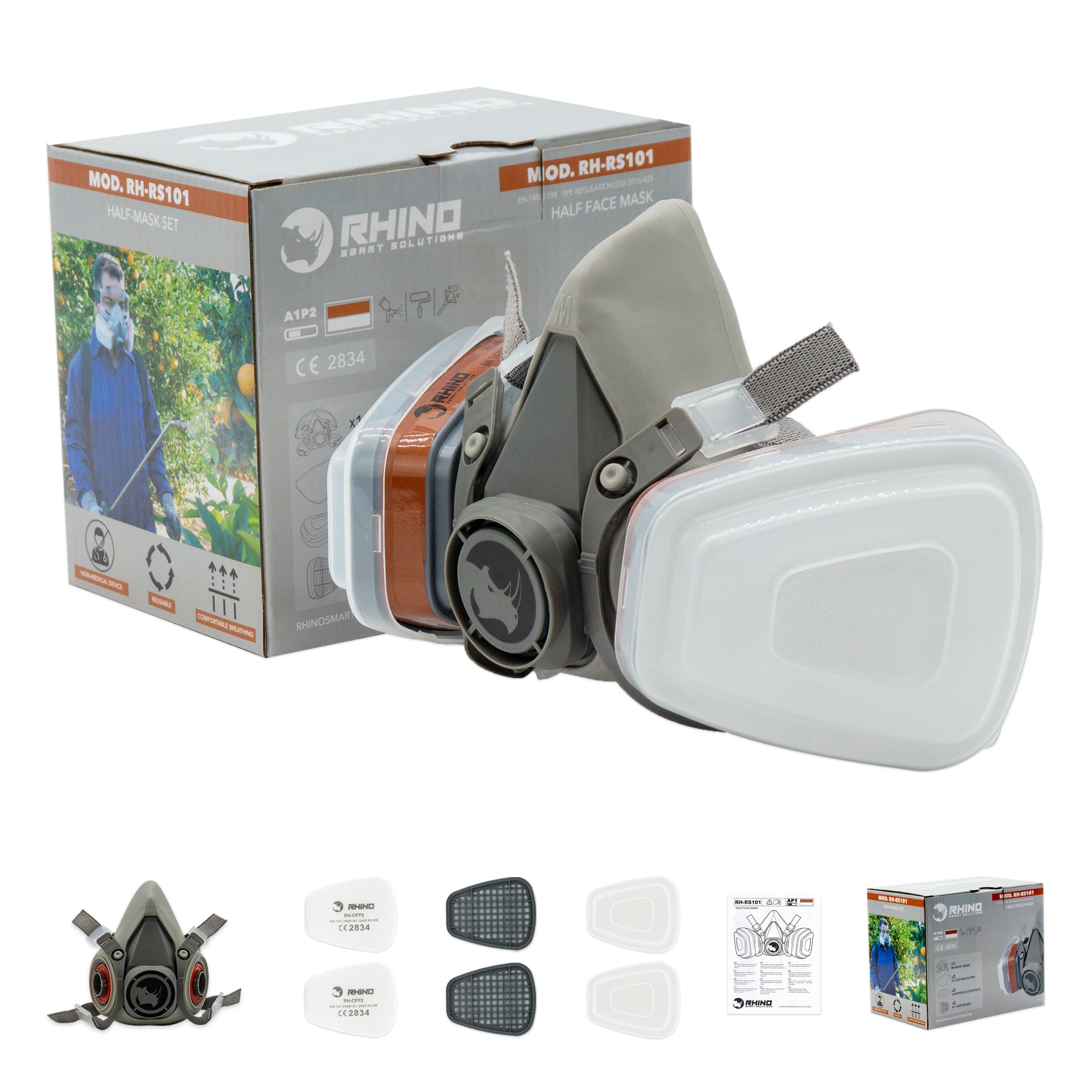 Set Básico RH-RS101 de Rhino Smart Solutions - Máscara de Seguridad Reutilizable con Cierre de Hebilla, Clase Filtro Respirador