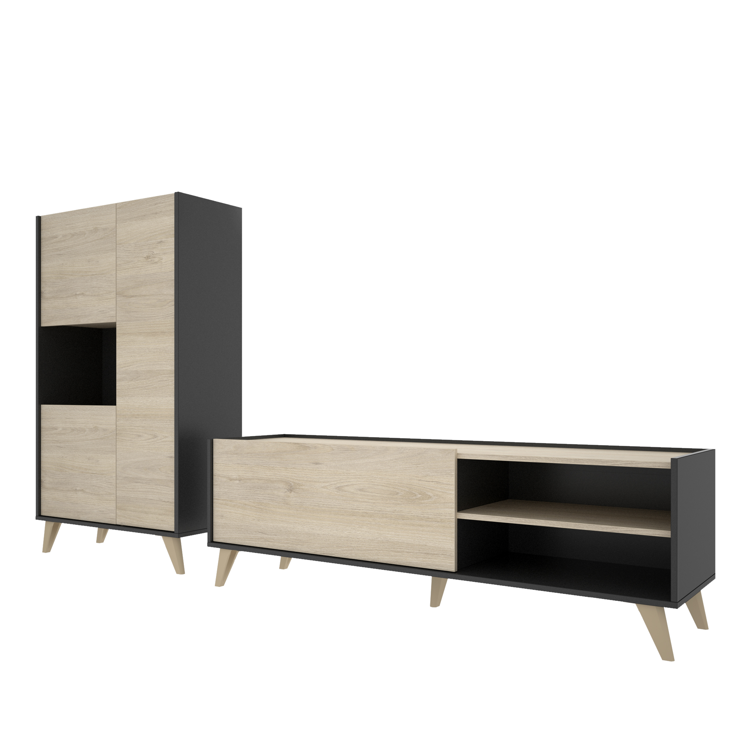 Dekit Composición de Salón NESS 5 con Mueble TV y Aparador Alto - Estilo Nórdico