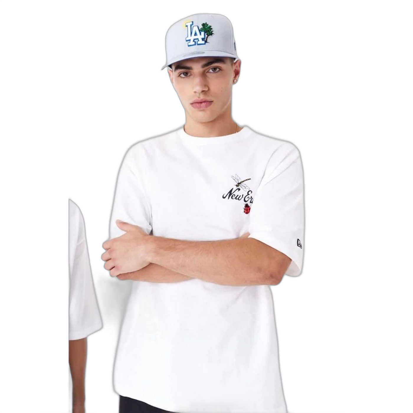 Camiseta New Era Blanca Oversized Grafico Floral Hombre Moderno, Ropa casual 100% Algodón