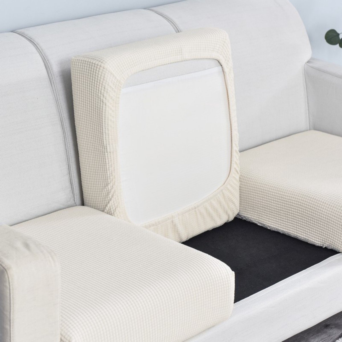 Om Home Funda individual para sofá, funda elástica para cojín de asiento, tejido antideslizante a cuadros, cobertura total, apta para cojines (50-63 cm de largo, 50-63 cm de ancho, 5-15 cm de alto), color blanco, 1 unidad.