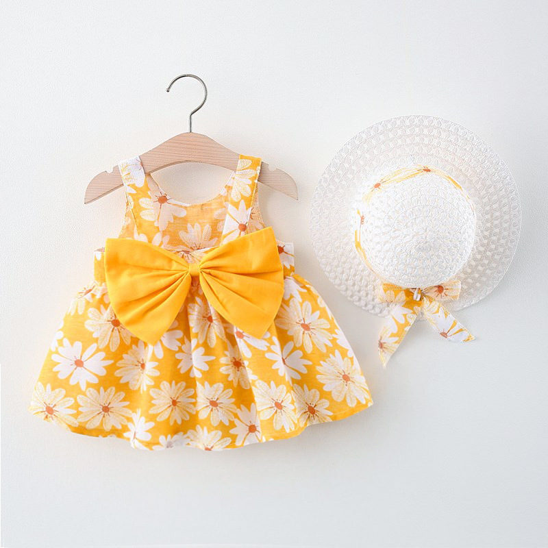 CA Ropa De Bebé Para Verano Vestido De Playa De Algodón Con Suspensión Para Niña + Sombrero De Sol Vestido De Princesa 2 Piezas
