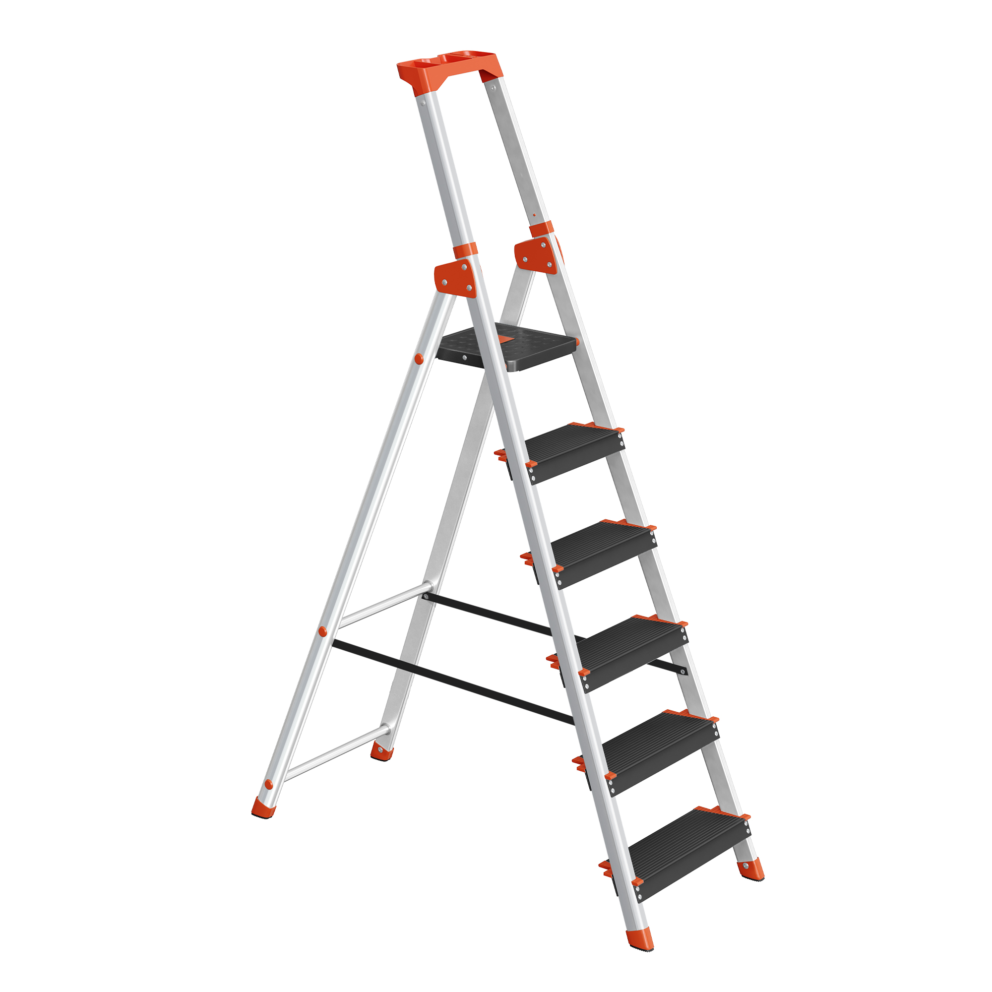 SONGMICS Escalera de 6 Peldaños, Escalera de Aluminio con Peldaños de 12 cm de Profundo, Plegable, Bandeja y Pies Antideslizantes, Carga de 150 kg, Negro y Naranja