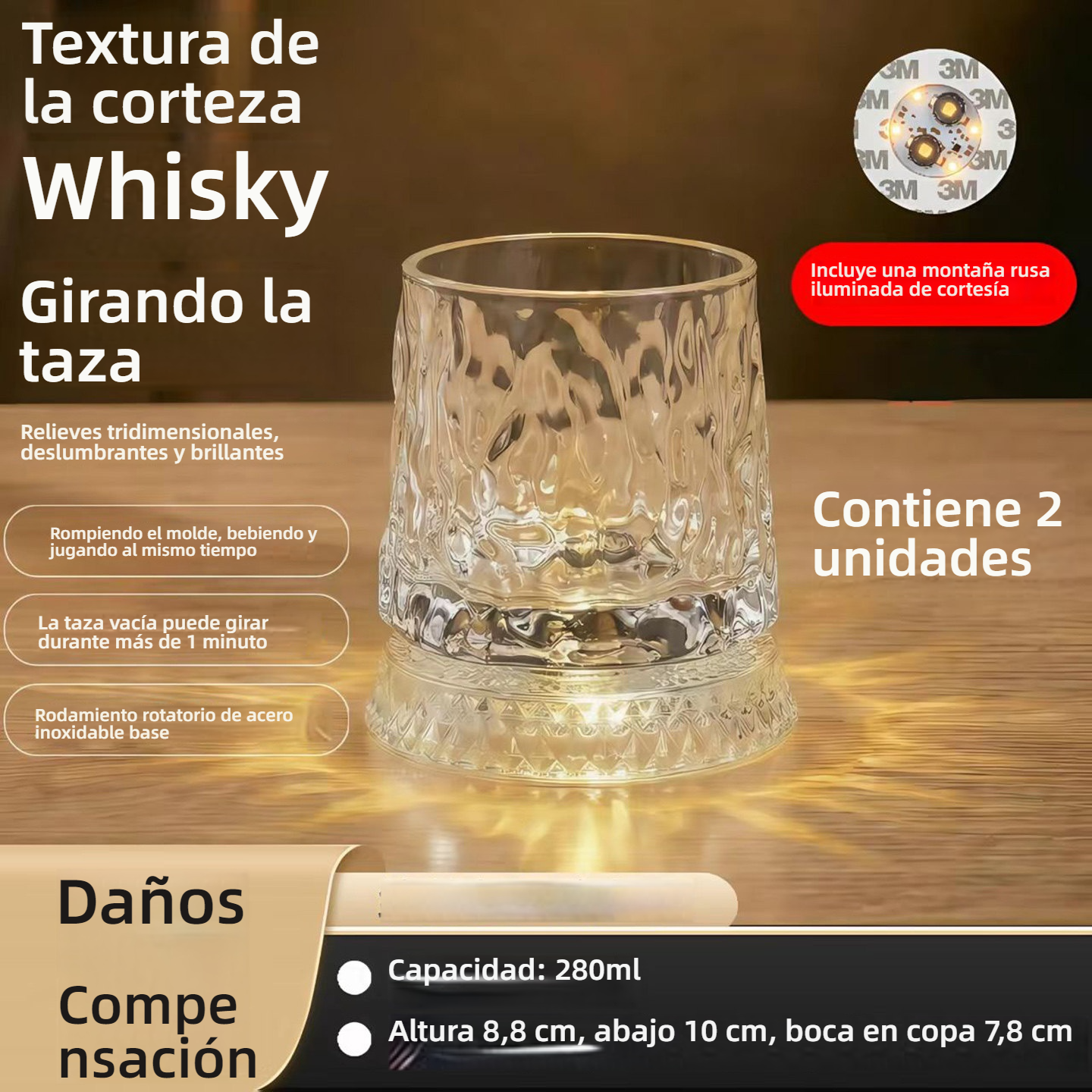 Set de vasos de vidrio giratorios con luz, tendencia en redes sociales, ideales para el hogar, diseño elegante y llamativo.