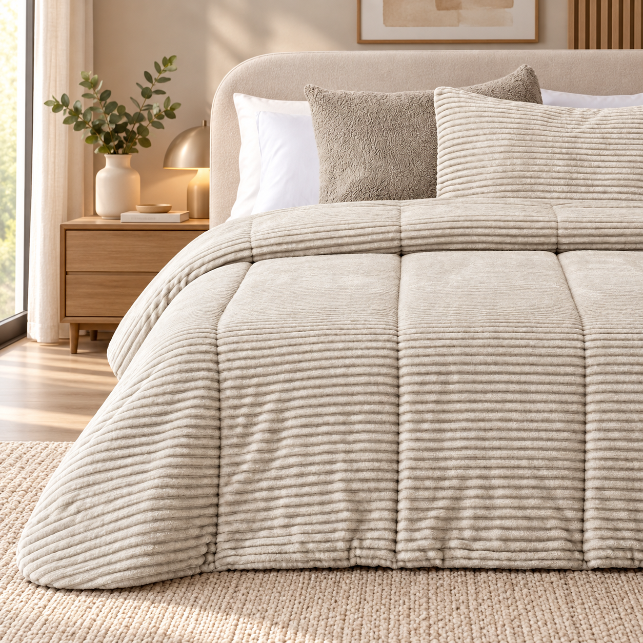 Edredón Comforter Lines Melange Jaspeado Rayas Beige Manterol - Muy Suave, Cálido y decorativo.