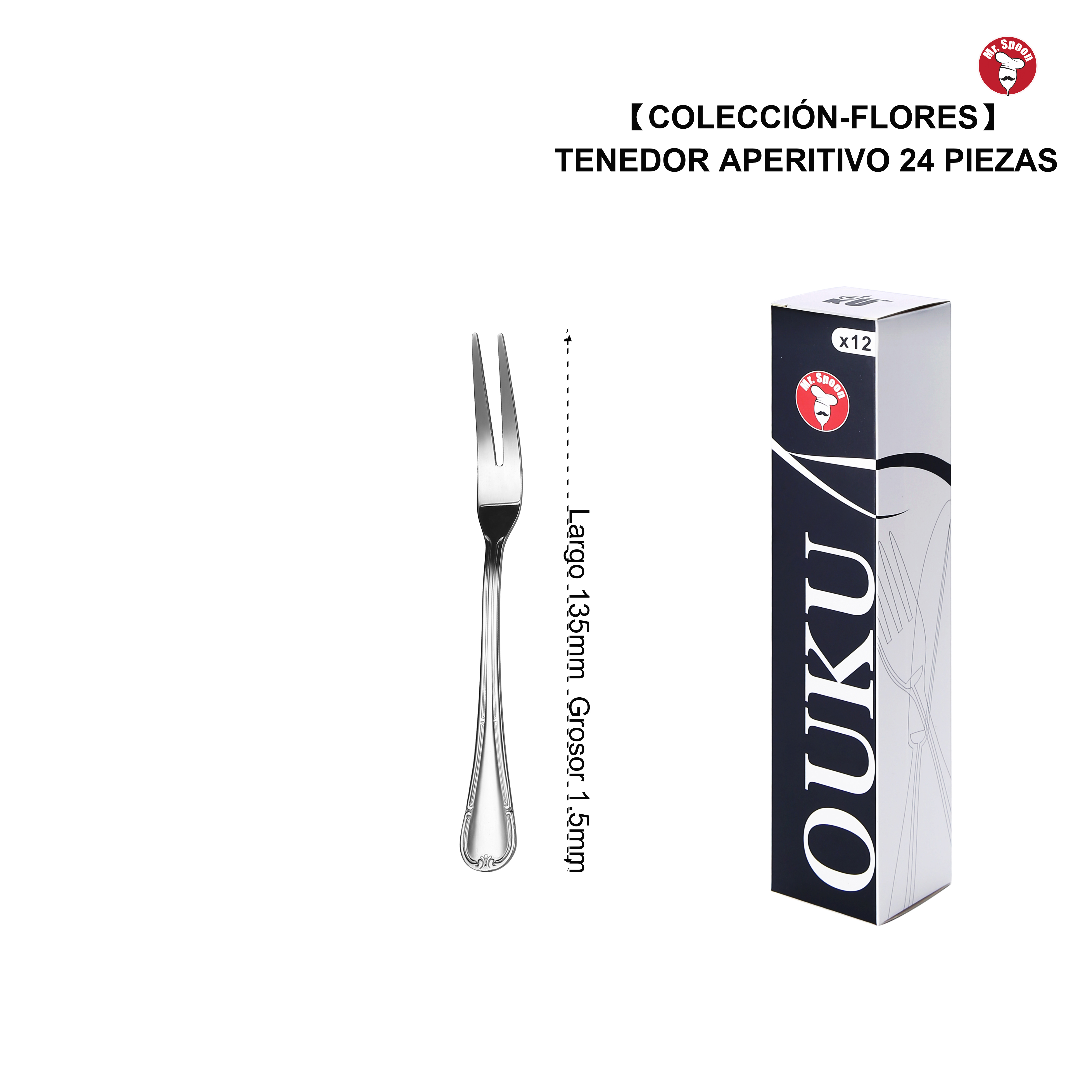 Mr.Spoon Serie Flores Tenedores de 12, 48 o 120 piezas,Acero inox18/0,Económico y funcional,Tenedor mesa 200mm,tenedor fruta 175mm,tenedor postre y aperitivo 150mm/135mm,Mango monobloque,Apto para lavavajillas,Empaque ecológico,Para casa,hotel,restaurante