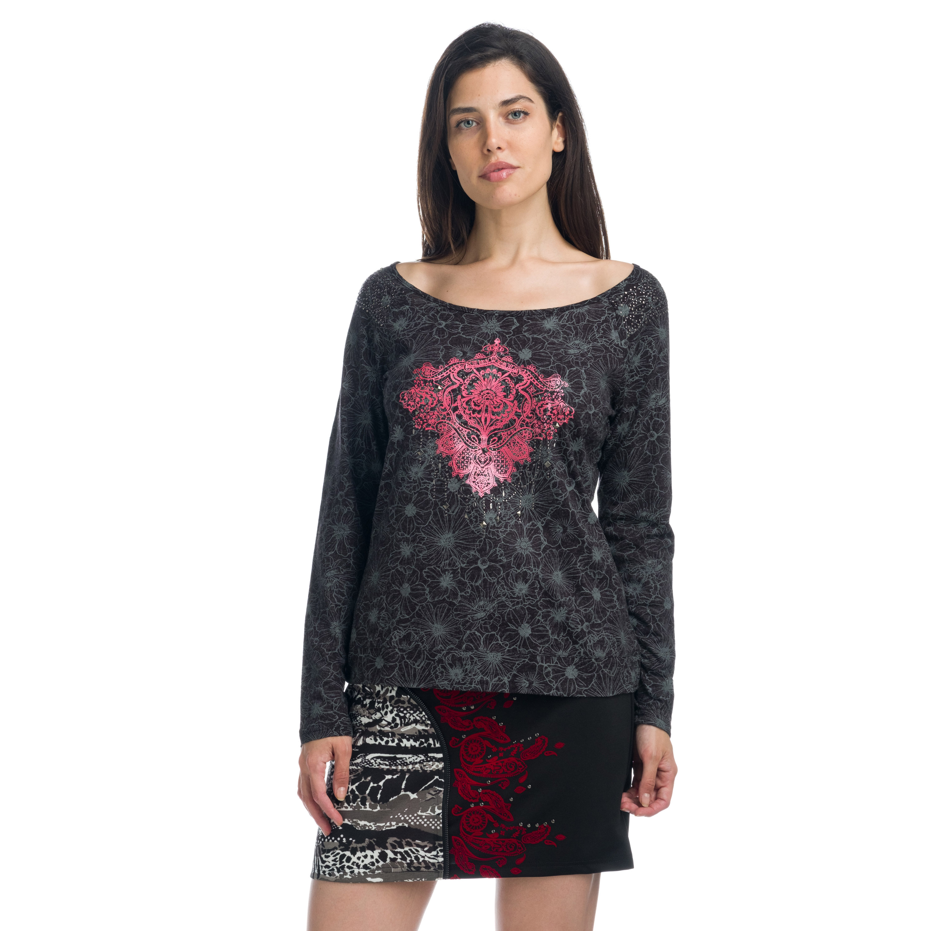 Koroshi - Camiseta manga larga estampada floral tono sobre tono con detalle foil metálico para mujer, corte regular y escote redondo amplio, 55% poliéster 45% algodón