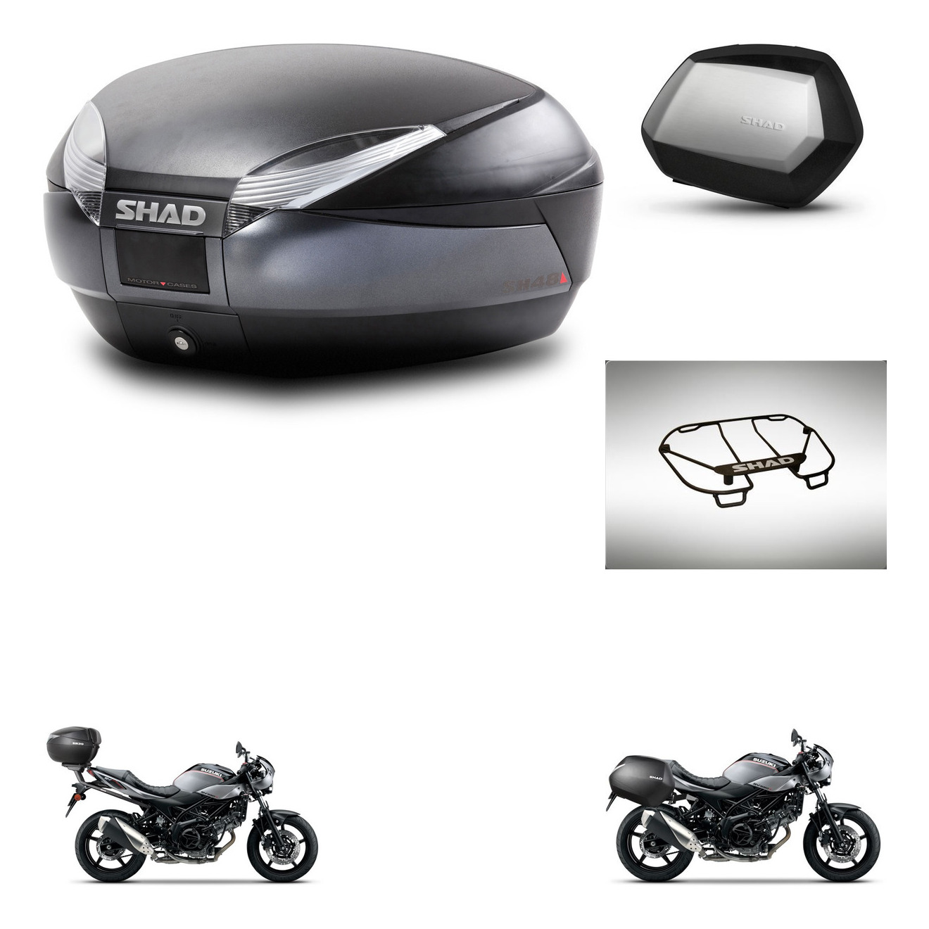 Maletas Laterales + Baul Trasero + Parrilla Portabultos + Herraje 3P + Herraje Montaje Sh48 Dark Grey Premium Sc Sh35 Premium KIT-272842