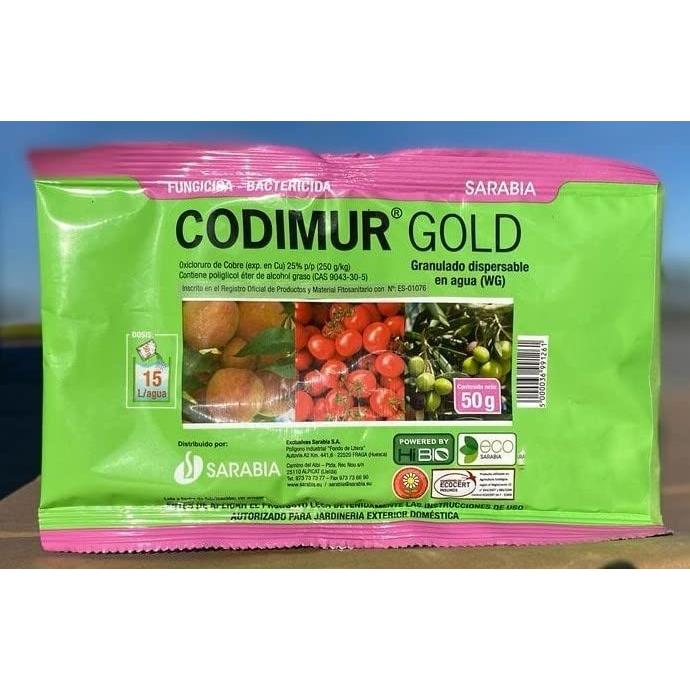 Codimur Golden Oxicloruro de cobre al 25%. 150 grs (3x50) Fungicida bactericida de acción preventiva, amplio campo de actividad y buena persistencia. Producto admitido en Agricultura Ecológica.