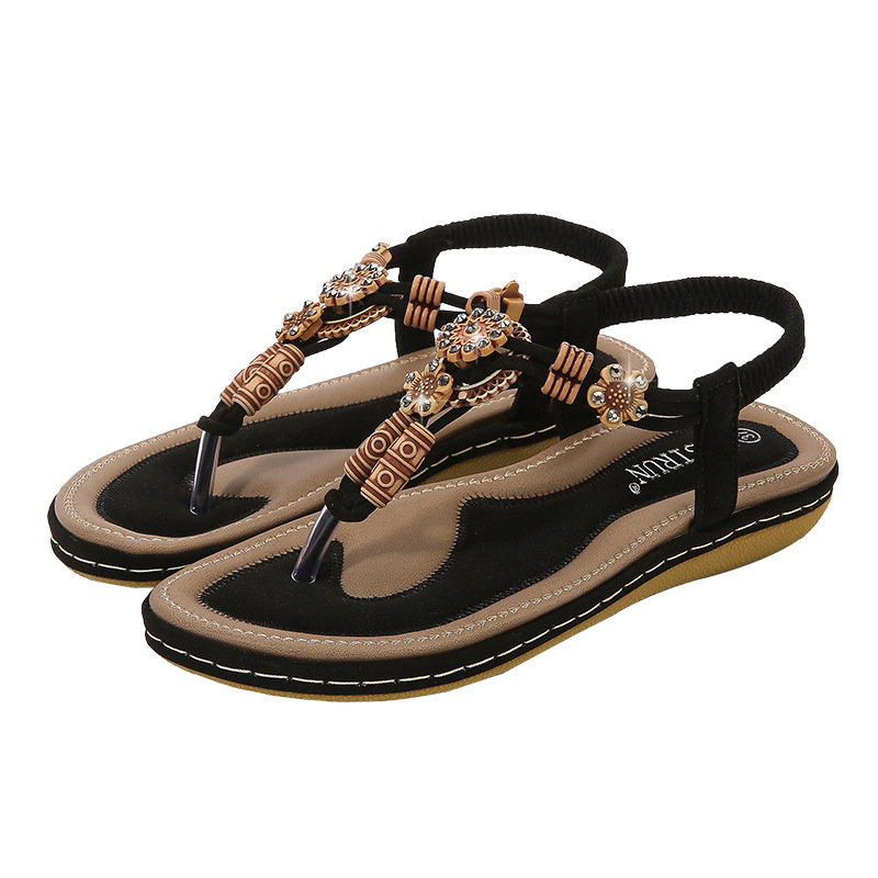TK Zapatos de playa europeos y americanos para mujer, verano 2025. Zapatos casuales planos anchos con cuentas de madera tejidas.