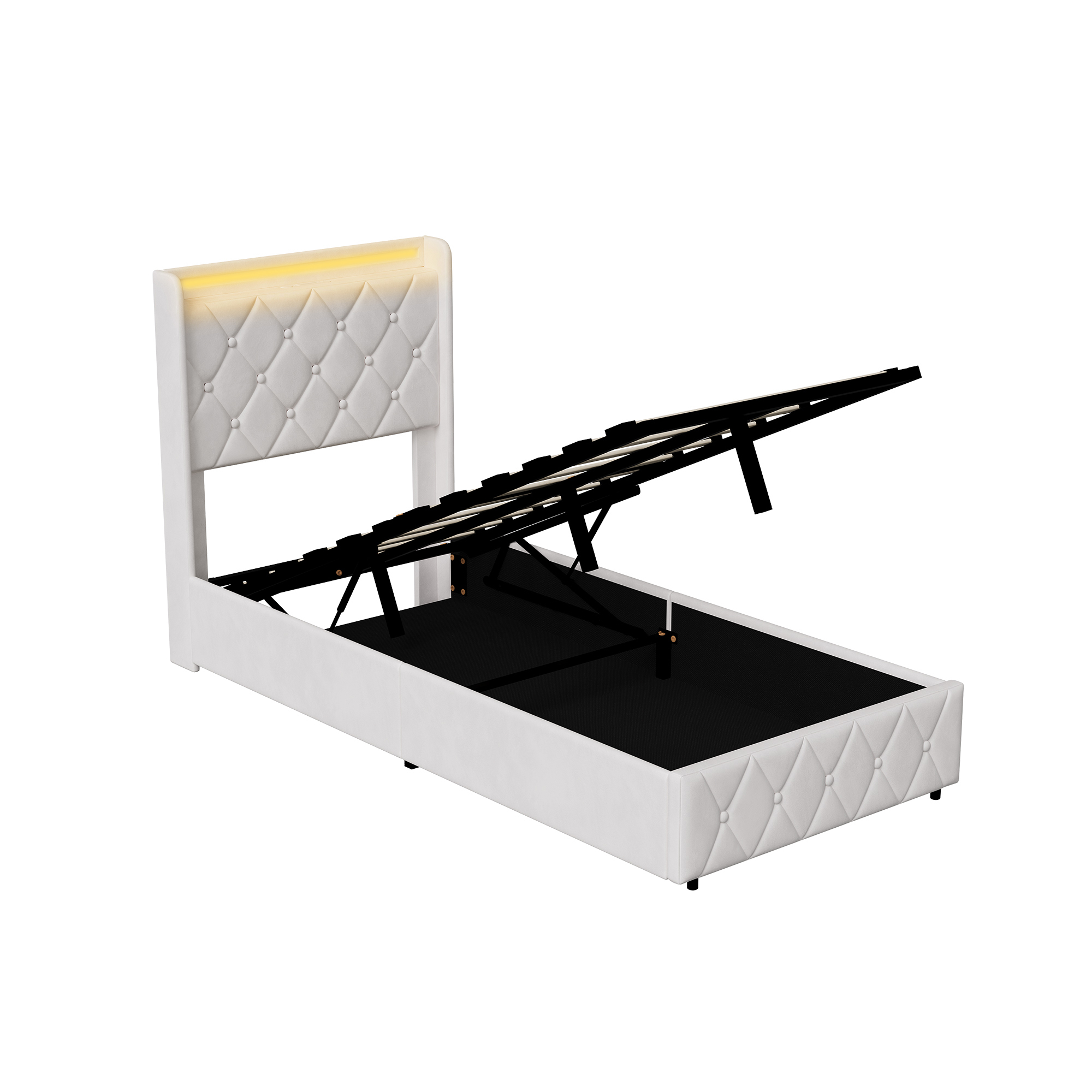 Superaly, Cama Individual Beige con Almacenamiento 90×200 cm, Cama de Plataforma Tapizada con Espacio de Almacenamiento Bajo la Cama, Cabecero Acolchado con Botones, Estructura de Cama de Terciopelo Gris Oscuro