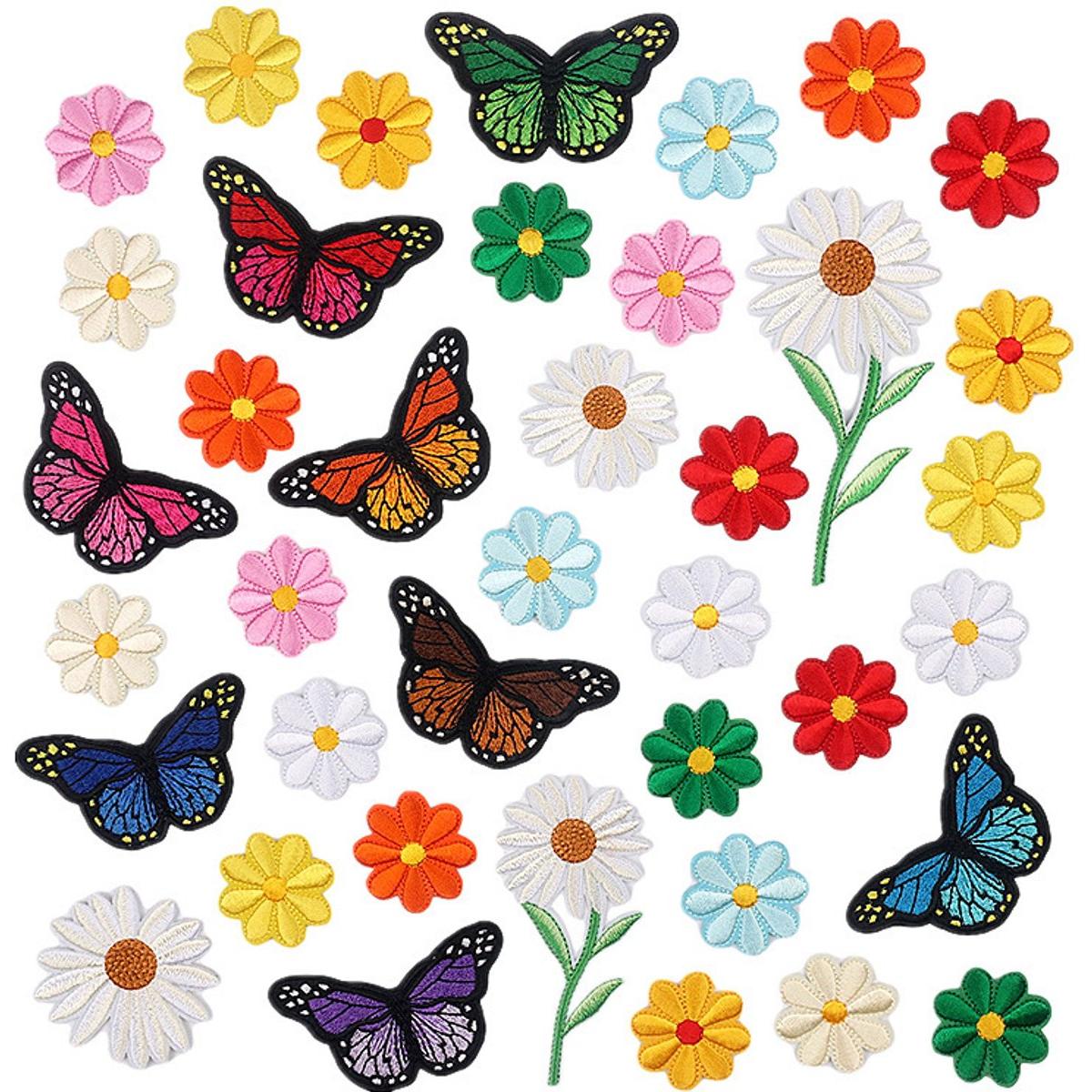 39 piezas de emblemas termoadhesivos, apliques termoadhesivos, parches bordados termoadhesivos, parches para ropa, parches de mariposas, flores y mariposas, apliques bordados 3D, apliques florales bordados para manualidades. Para abrigos, sombreros, mochi