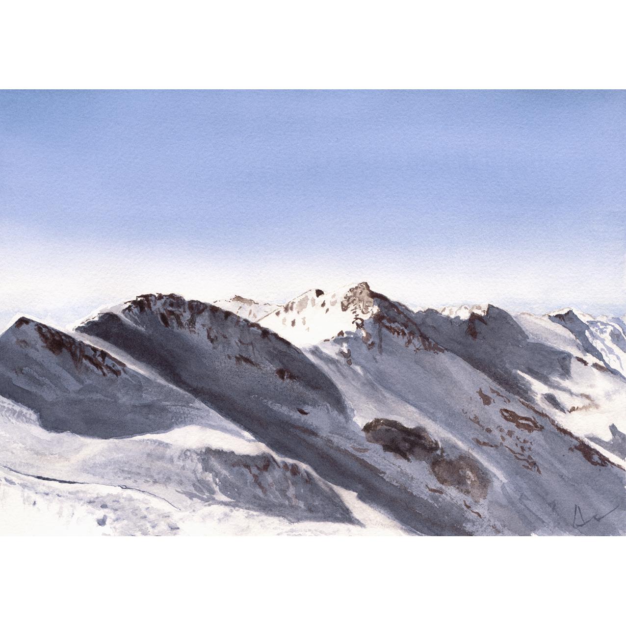 Cuadro decoración pared LIENZO SIN ENMARCAR horizontal grande "SIERRA NEVADA I" Acuarela lienzo Alta Calidad Nieve Montaña Azul marrón blanco invierno naturaleza silencio Arte Contemporáneo Salón Despacho Dormitorio Neutro Ref ANA DURAN A 081