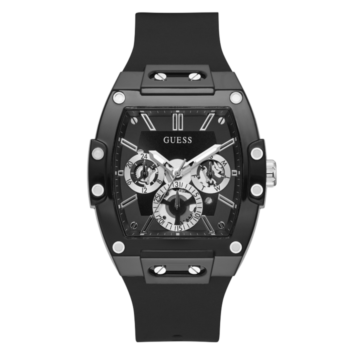 GUESS - Reloj analógico multifunción PHOENIX GW0203G3 para hombre con caja de policarbonato negro mate y correa de silicona