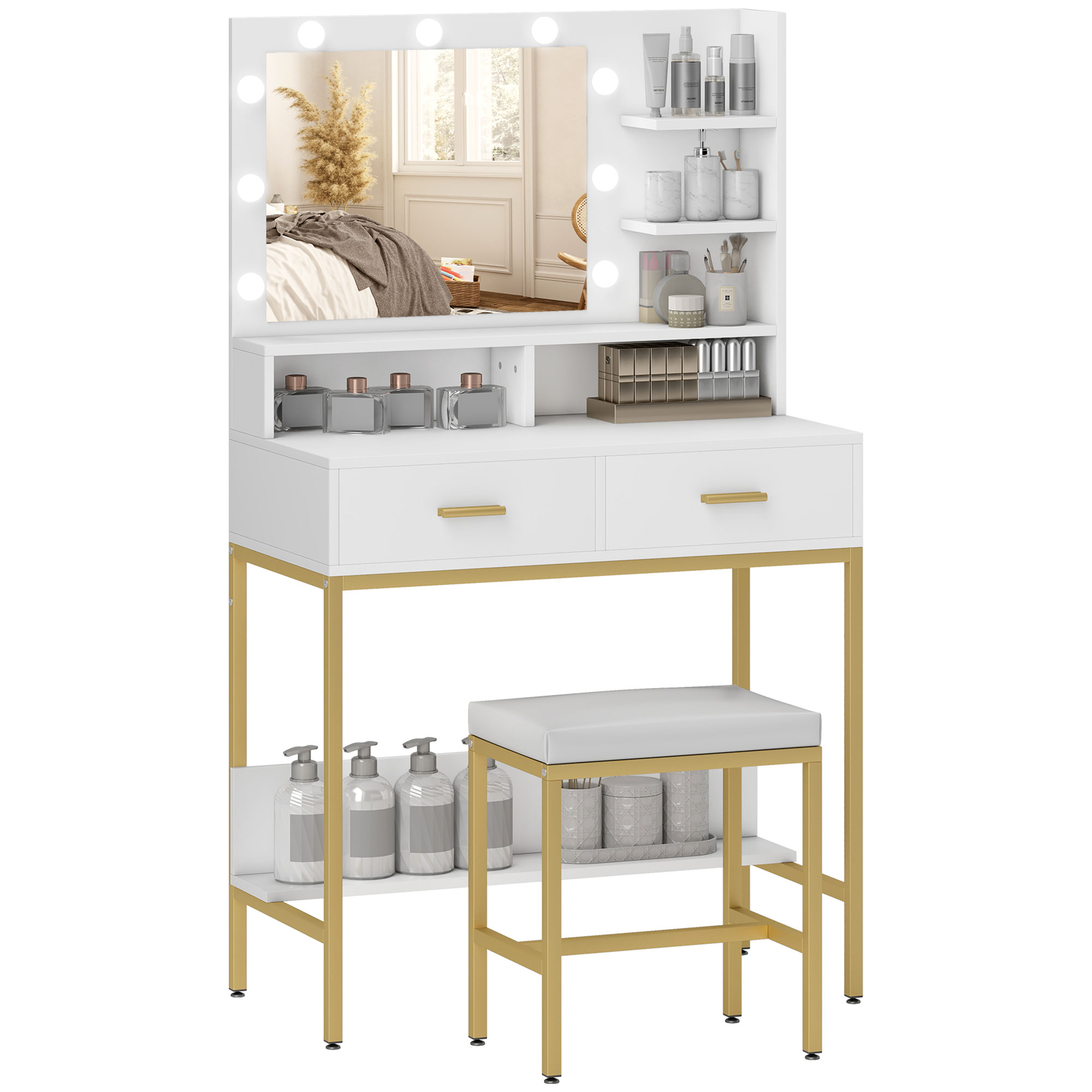 HOMCOM Tocador de Maquillaje con Luz y Taburete Mesa de Maquillaje con 2 Cajones y Estantes de Almacenamiento Estilo Moderno Tocador para Dormitorio Blanco