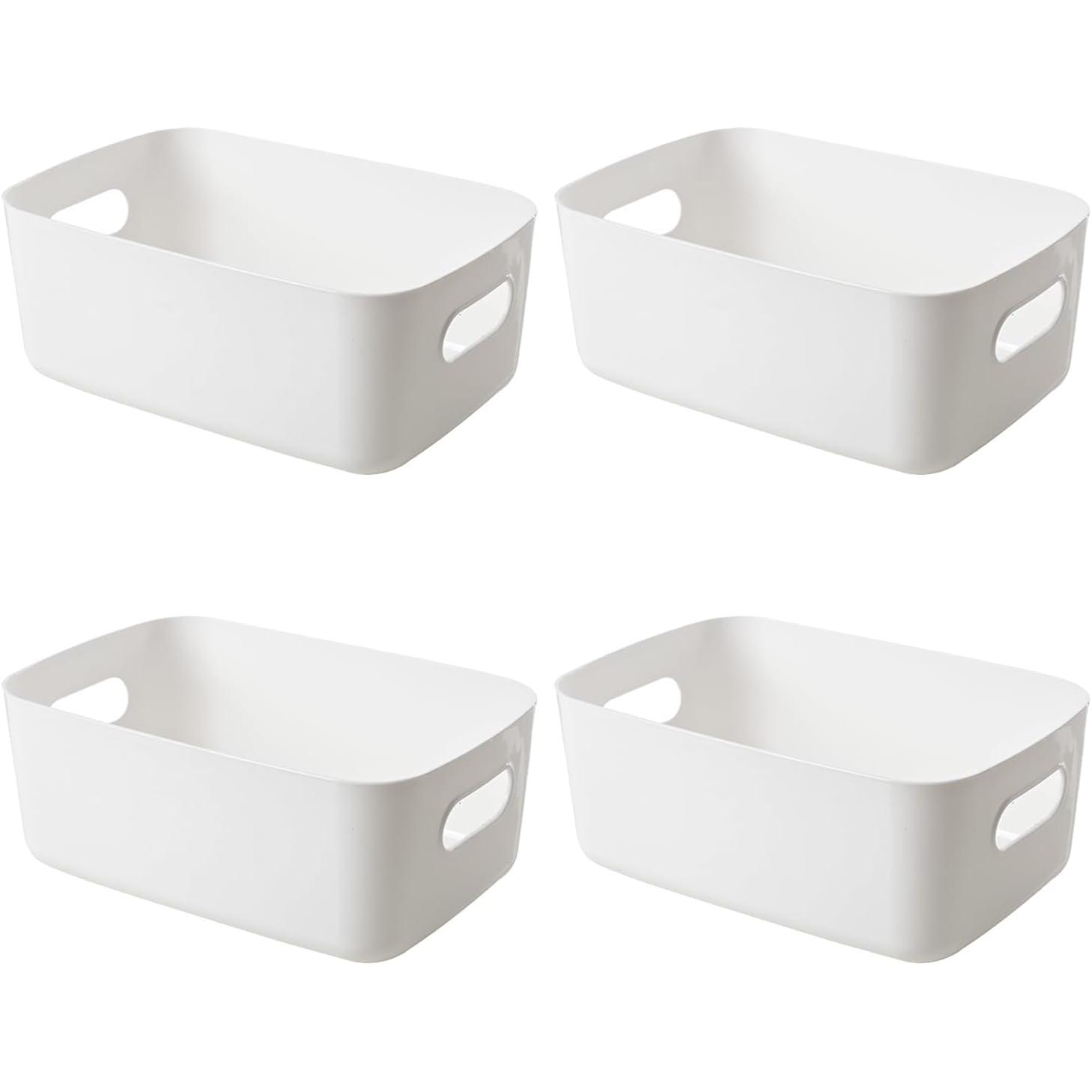 TK SS Cajas Organizadores de Plastico,4PCs Cesta Duradera, Resistant, with Asas en Todos Lados, Cajas Almacenaje para Estante de Cocina, Baño, Haación de Los Niños, Armaro (Blanca)