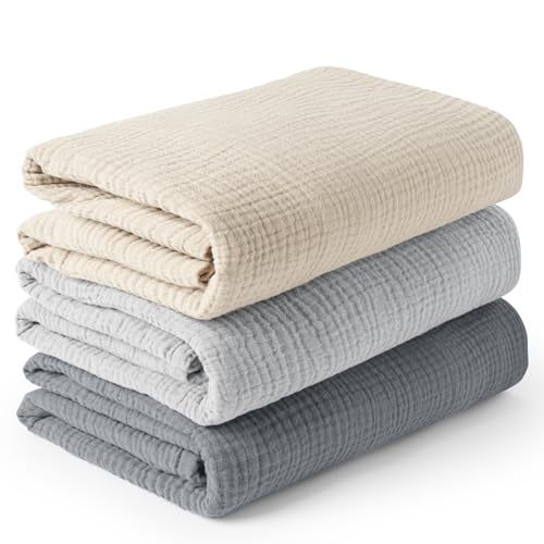 TK Conjunto 3 piezas para bebés: Muselina de algodón 100% suave como la nube, toalla envolvente para recién nacidos + manta de 6 capas, cuidado delicado para niños y niñas