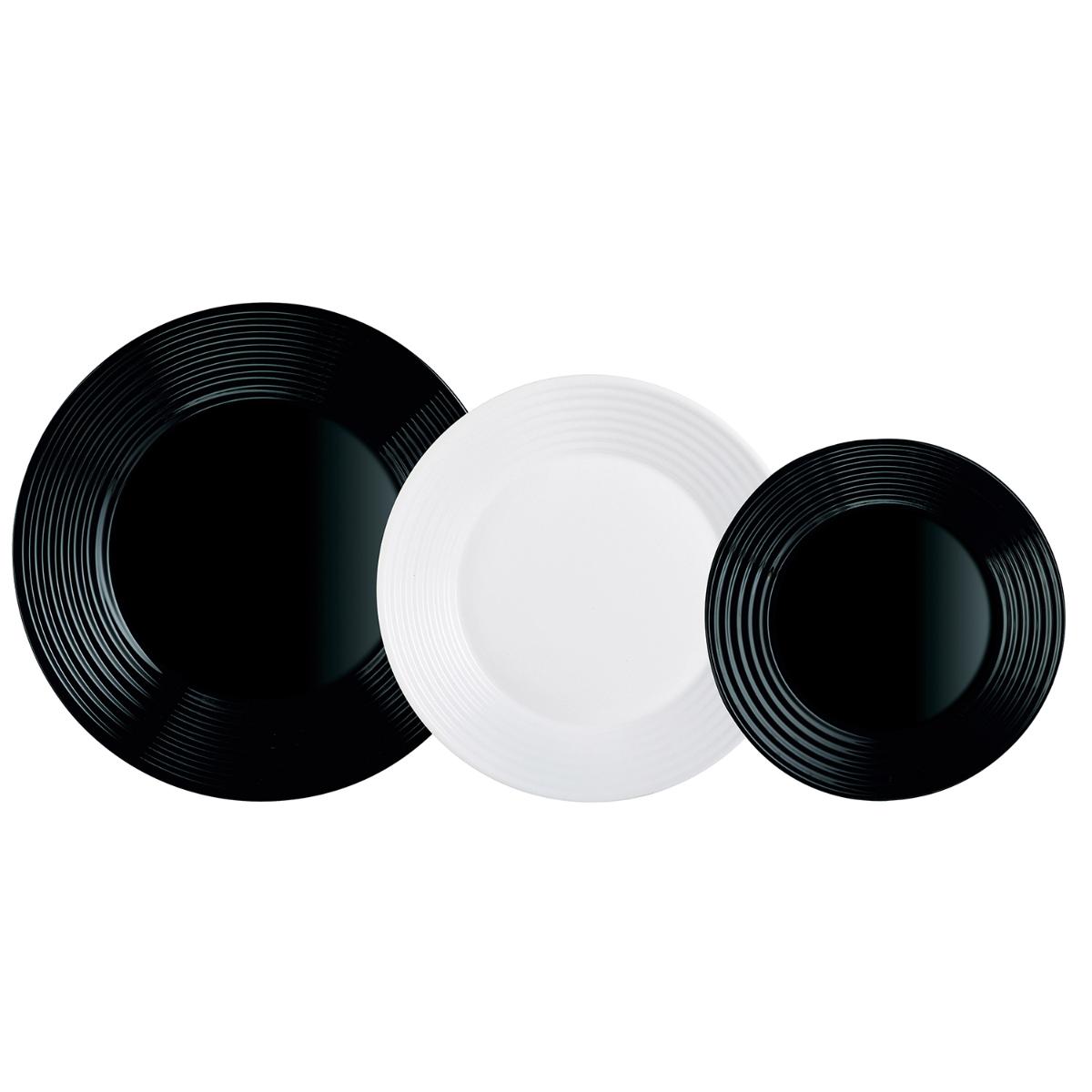 Vajilla de vidrio Opal Blanco y Negro Harena de Luminarc - Resistente y duradera - Apta microondas y lavavajillas - Apilable - Resistente al choque térmico - Material ecológico y reciclable