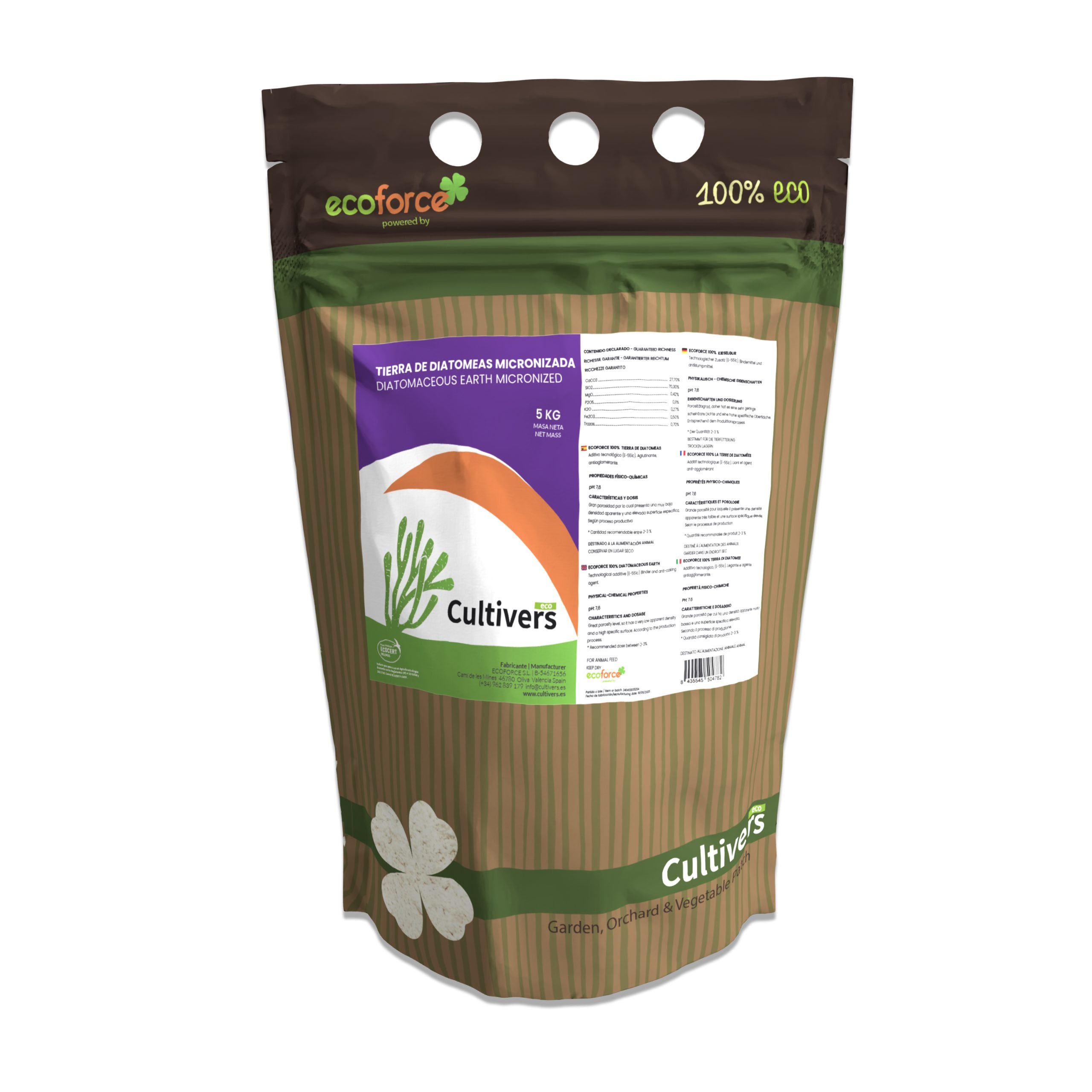 CULTIVERS Tierra de Diatomeas Micronizada 5 kg Polvo Ultrafino Natural Certificada ECOCERT Materia Prima de Algas Fosilizadas con Alto Contenido en Sílice