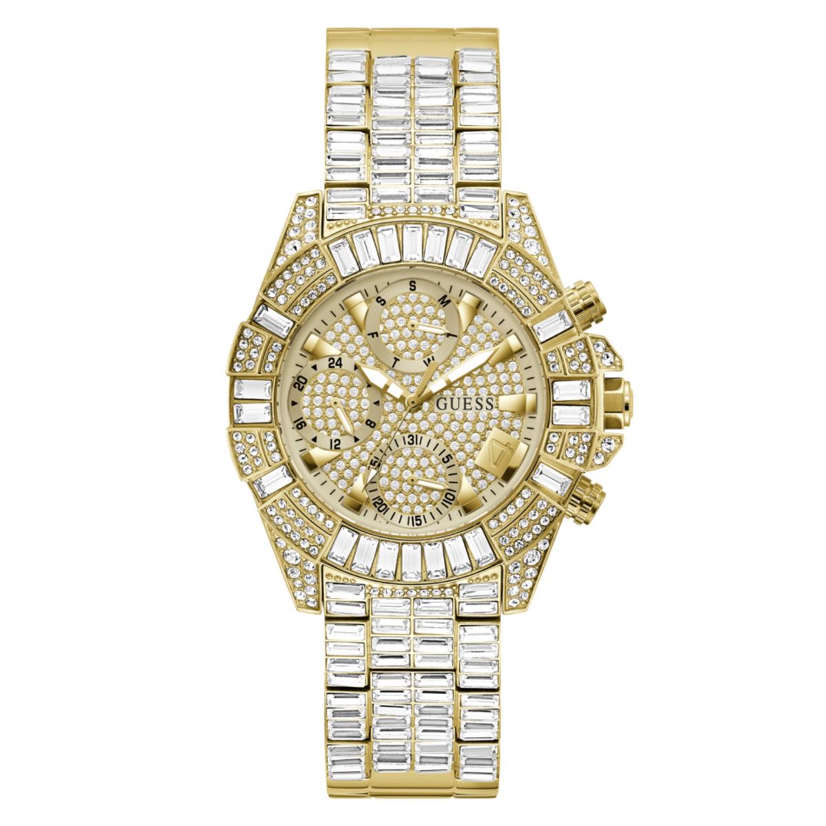 GUESS - Reloj de mujer GW0812L2 dorado en acero inoxidable bañado en oro, esfera blanca y correa metálica con cierre deployante, 39 mm, ideal para uso diario y ocasiones especiales