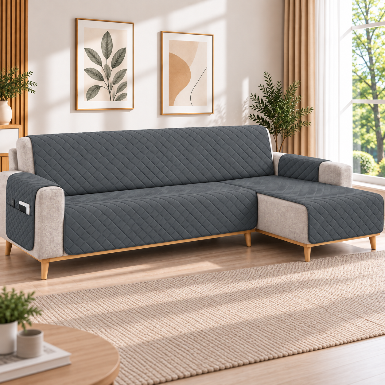 Kynley Protector de Sofá Chaise Longue Acolchado, Funda Cubre Sofá Antideslizante Lavable con Bolsillo, Protector para Mascotas, Chaise Izquierda/Derecha, 2M/2,4M/2,8M