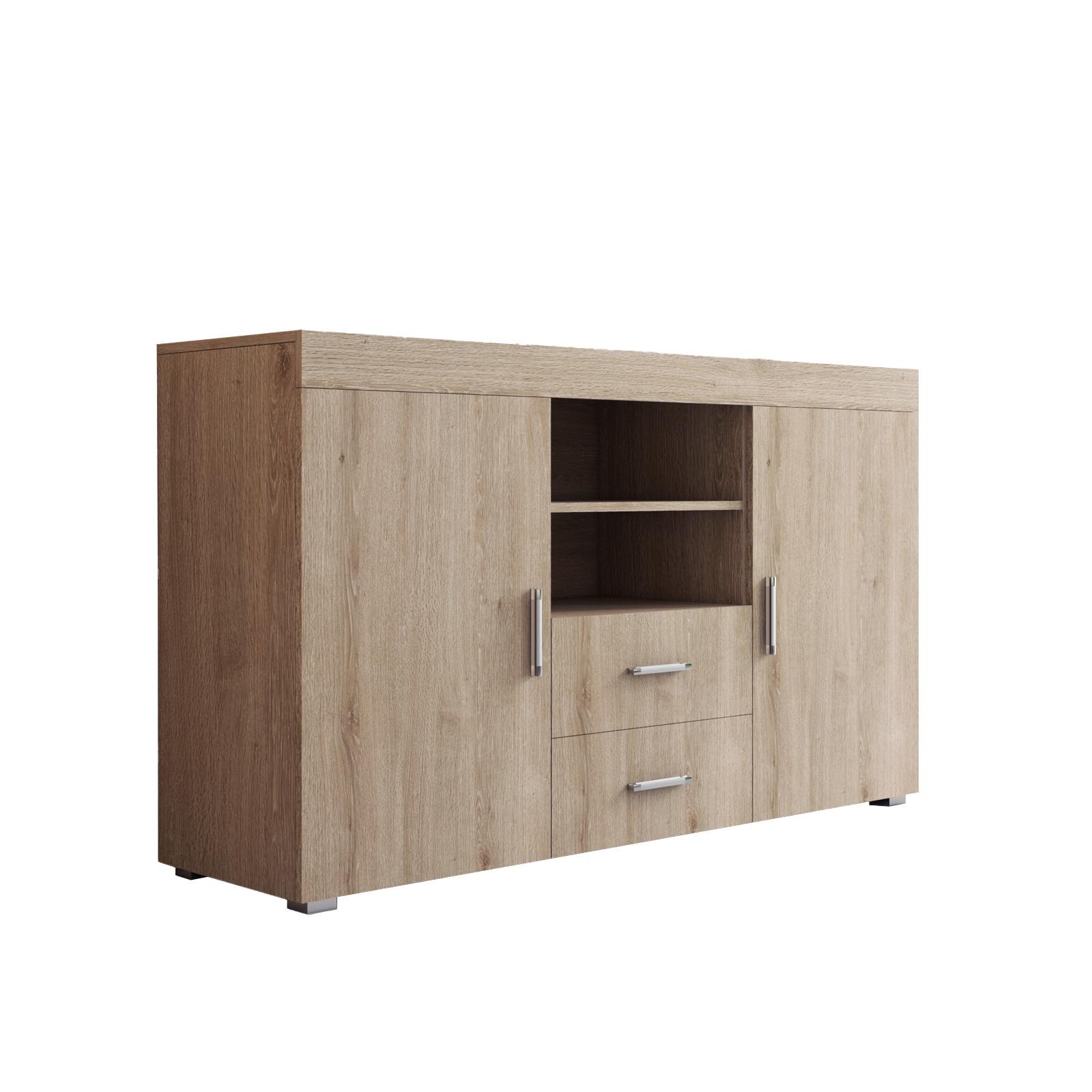 MB Muebles Bonitos - Aparador de salón modelo Roque en melamina brillo 140x80x40 cm con 2 puertas, 2 cajones y 2 estantes abiertos para diseño moderno