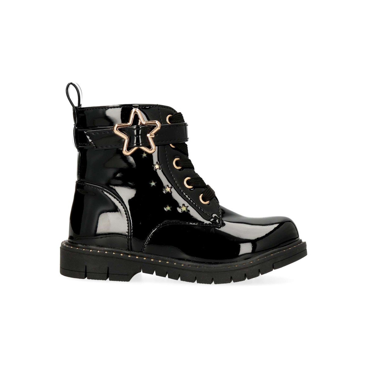 Peke's by Vanessa - Botas militares de charol negro para niña con cierre lateral y cordones, suela de goma dentada estilo biker