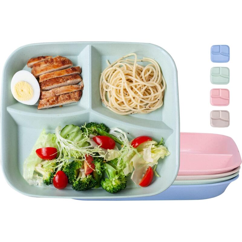 CA Juego de 4 platos irrompibles de 3 compartimentos, sistema de platos reutilizables, platos divisores de porciones ligeros, libres de BPA, adecuados para adultos y niños.