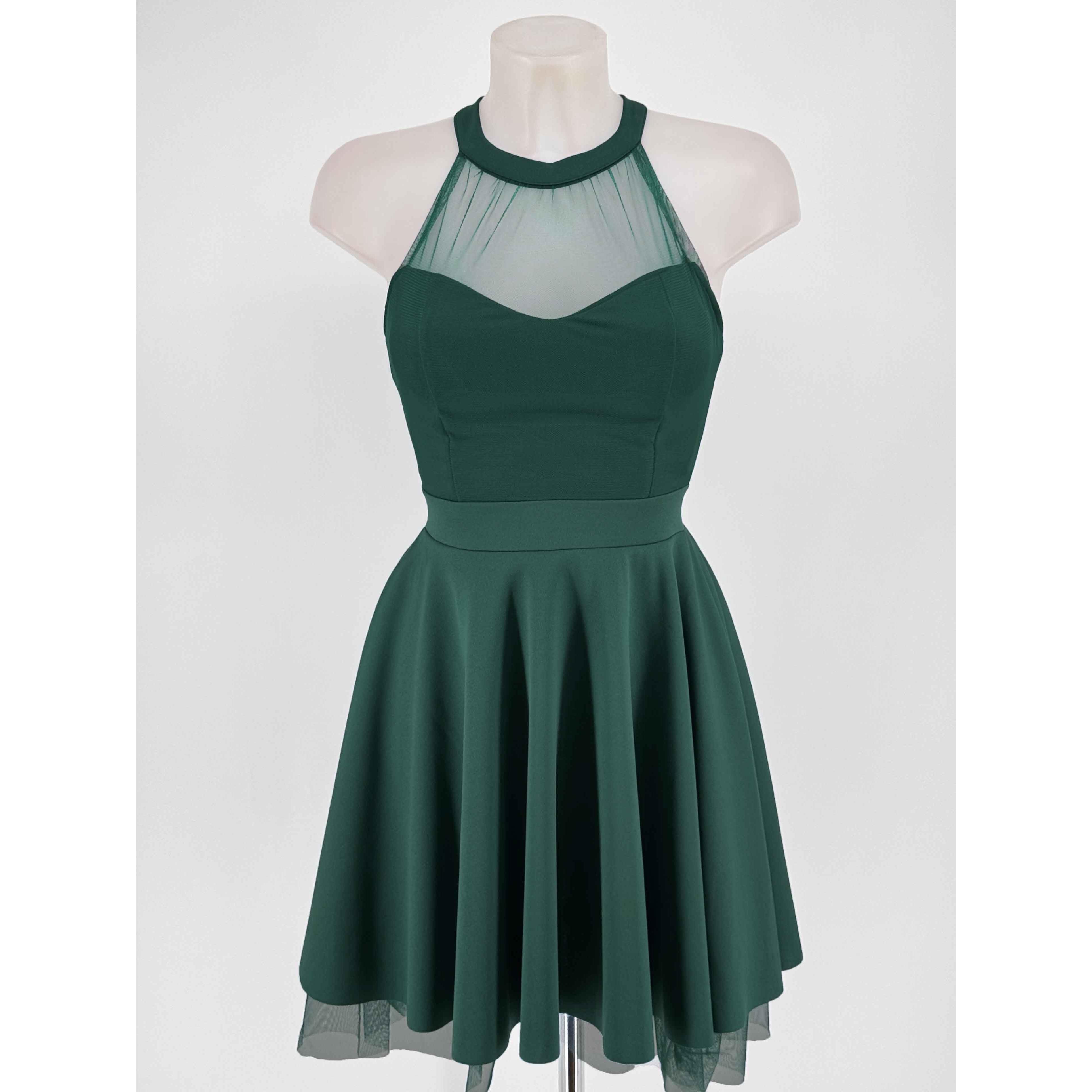 Vestido de Fiesta Corto con Tul, Talla Única Flexible (34-38), Cuello Halter con Canesú Transparente y Espalda Semi-Abierta. Vestido de Tul de Mujer, Elegante y Coqueto, Perfecto para Eventos Especiales, Cóctel o Graduación. Vestido Ajustado y Confortable