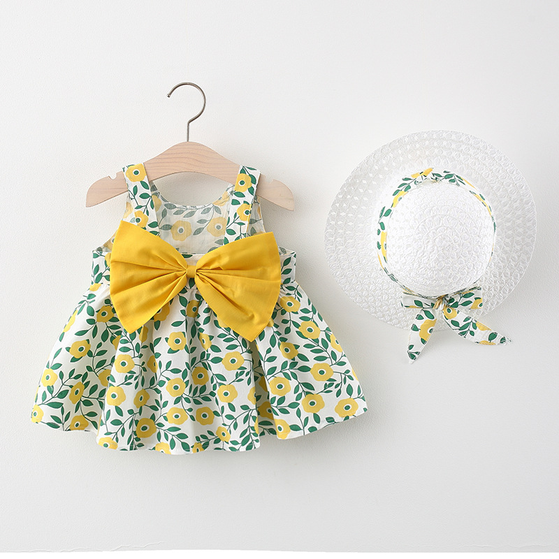 CA Ropa De Bebé Para Verano Vestido De Playa De Algodón Con Suspensión Para Niña + Sombrero De Sol Vestido De Princesa 2 Piezas
