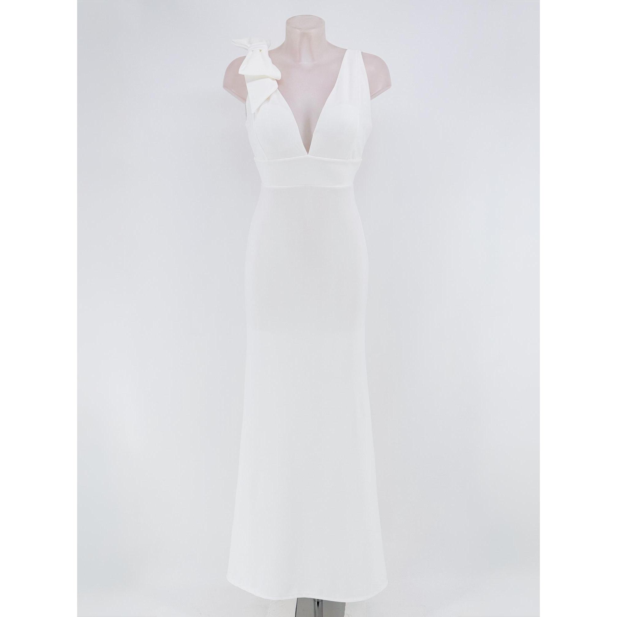 Vestido largo en tejido scuba crep para mujer con escote pronunciado y detalle de lazo. Diseño elegante disponible en amplia gama de colores para ocasiones especiales.