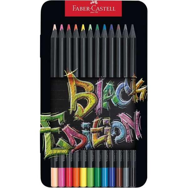 Faber-castell black edition caja metalica de 12 lapices de colores - mina supersuave - madera negra - ideales para dibujo sobre papel claro, oscuro y de colores - colores surtidos