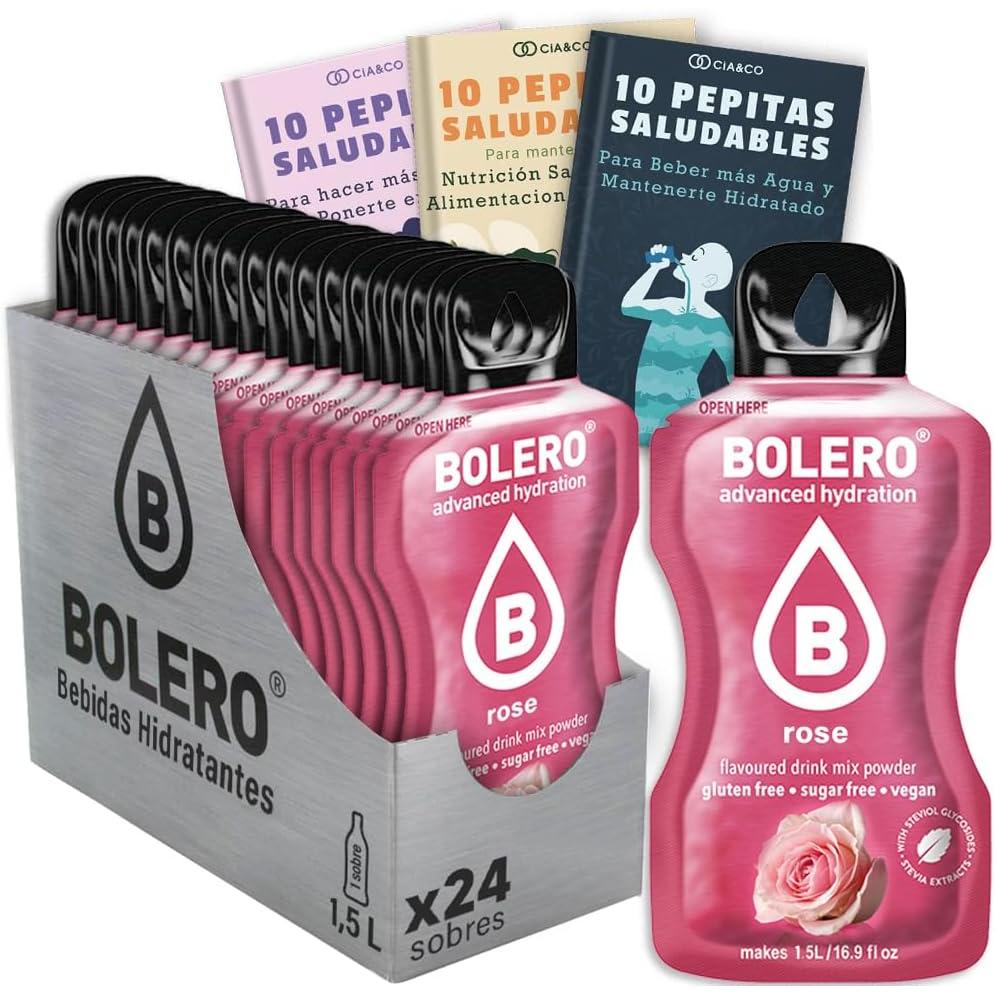 Bebida Bolero sabor Rosa, Pack 24 sobres (24x9g). Bebida en polvo sin azúcar con un delicado sabor floral, enriquecida con Vitamina C y Stevia.