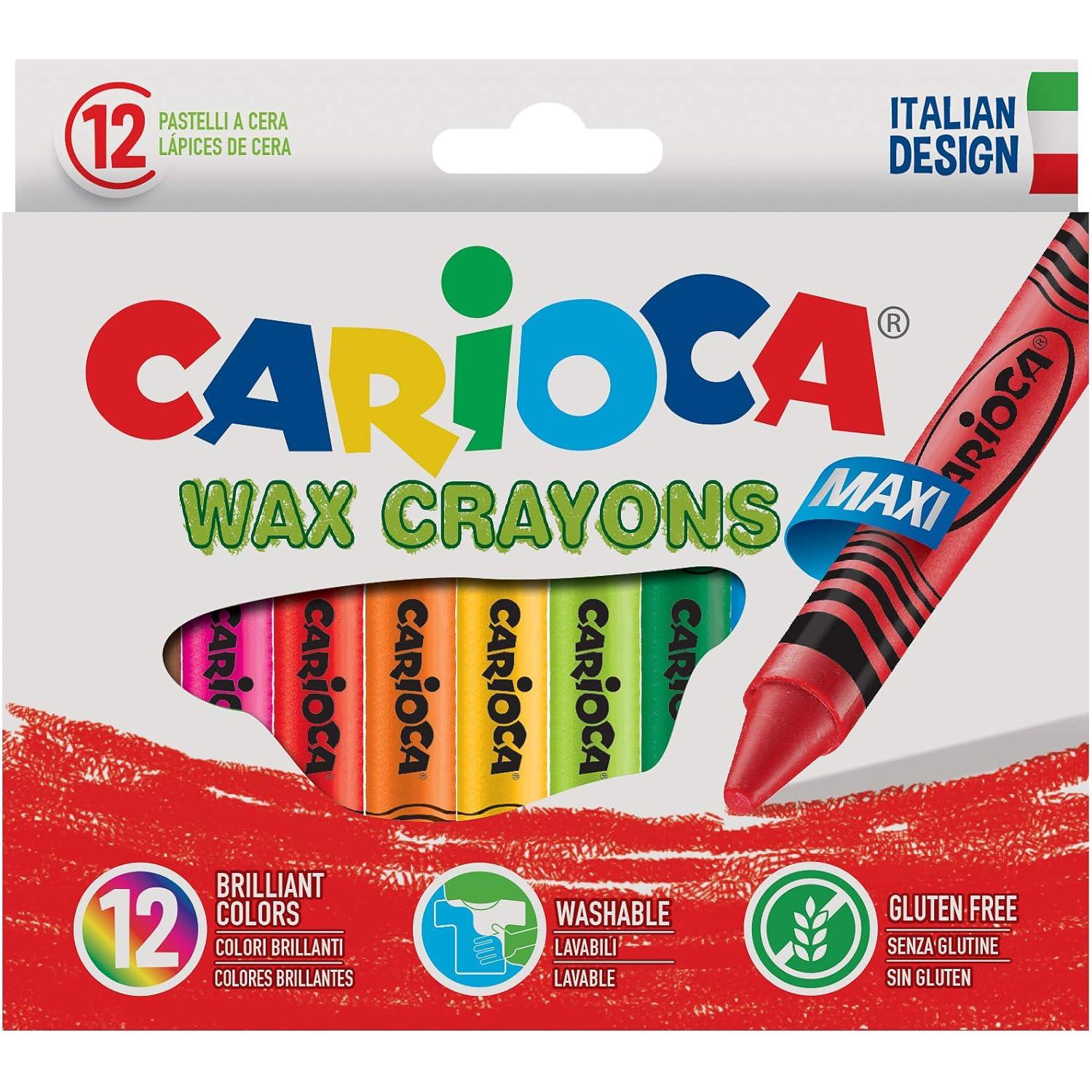 Carioca Wax Crayons Maxi Pack de 12 Ceras - Colores Brillantes - Lavables Redondas para Niños y Niñas, Estuche de 12 Ceras Surtidas, Colores Vivos, Super Resistentes, No Manchan, Ideal para el Colegio, Recambio. Vuelta al Cole, Material Escolar Primaria