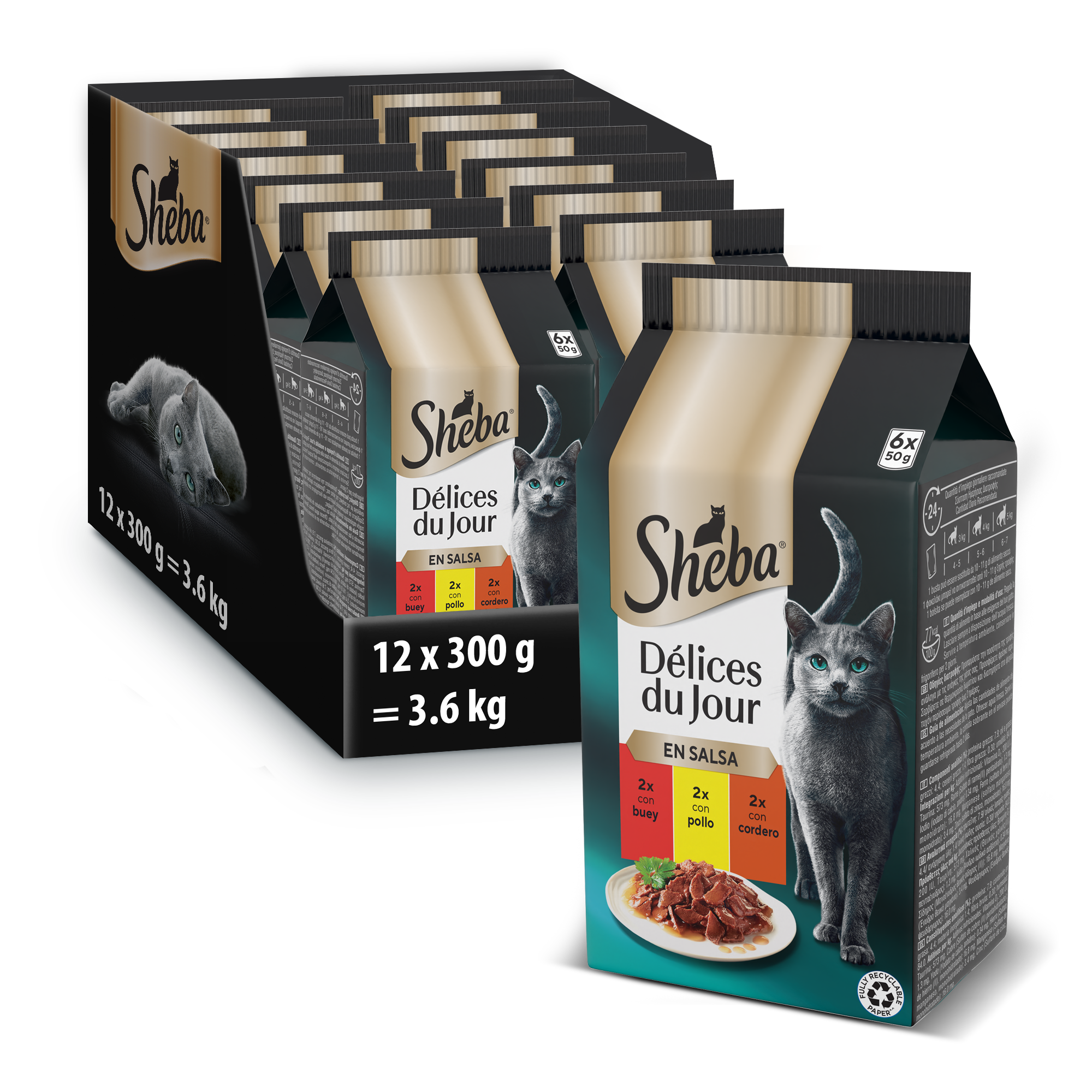 Sheba Délices du Jour Comida húmeda para Gatos Sabor Carnes Multipack 12 x 6 bolsitas x 50g