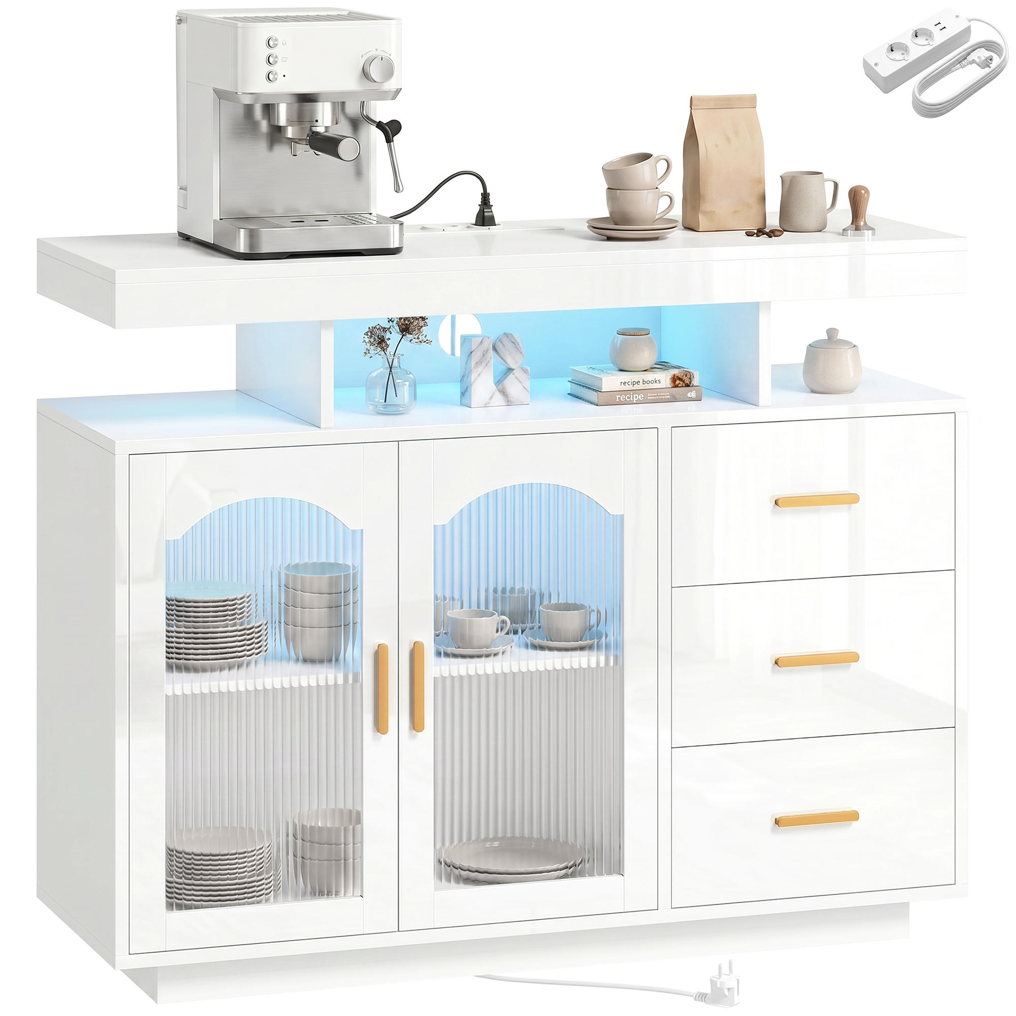 HOMCOM Aparador con LED RGB de 7 Colores, Tomas y Puertos USB, Aparador de Salón de Alto Brillo con 3 Cajones, Estantes Abiertos, 2 Puertas de Acrílico, Cierre Suave, para TV 72", Blanco, 100x35x80 cm