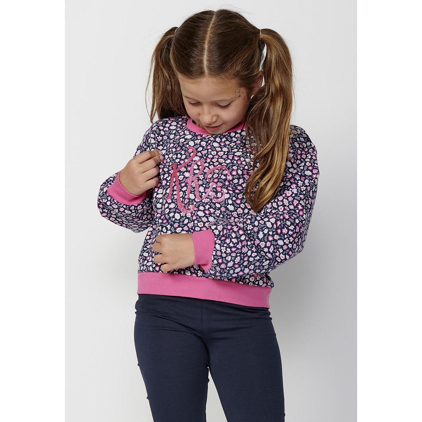 Koroshi - Sudadera para niña con estampado floral delantero, 95% algodón y 5% elastano, suave interior, color azul marino