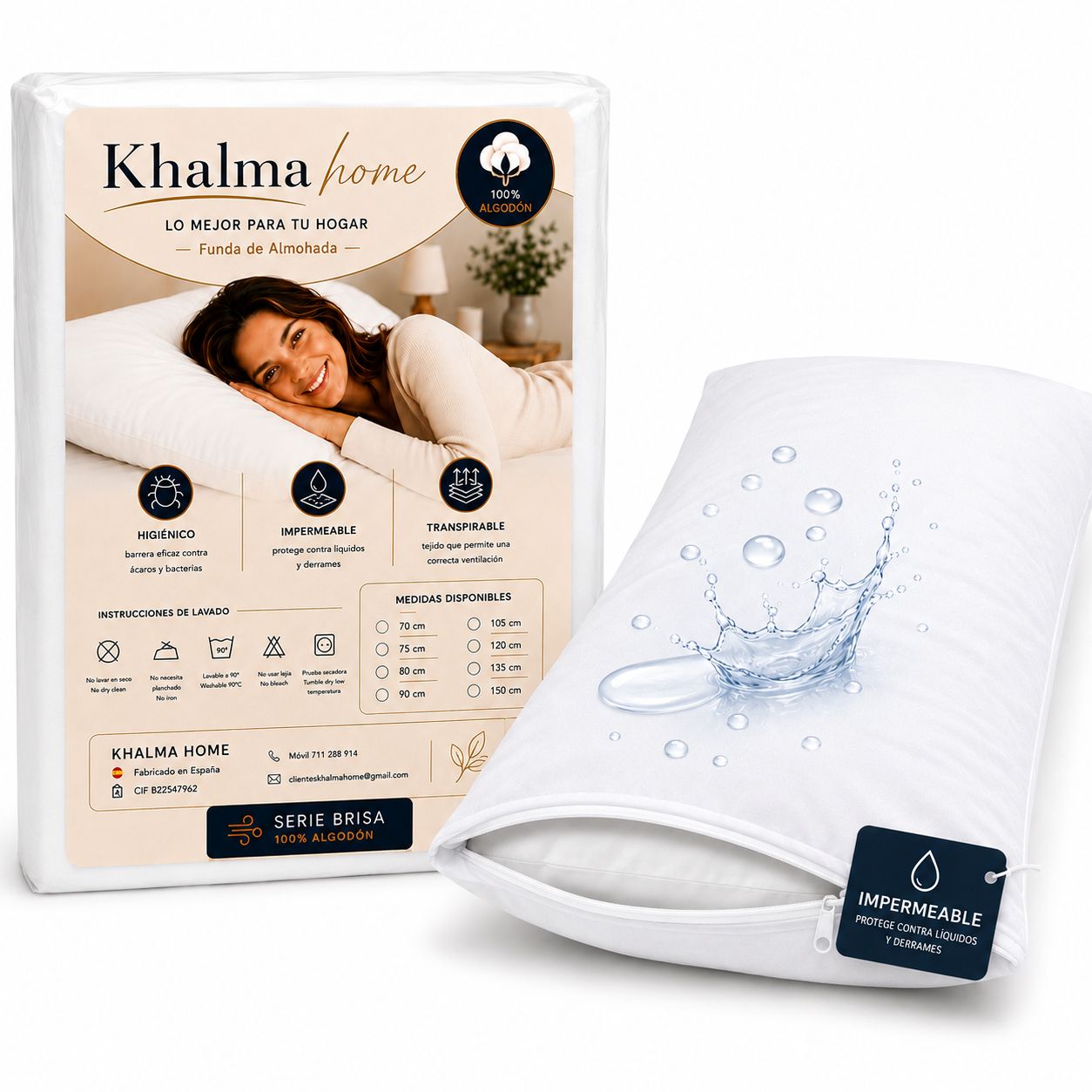 KHALMA HOME Juego 2 Protectores de Almohada con Cremallera, Impermeables 100% Algodón, Antiacaros , Resistente, Transpirable, Lavable, Antialérgica, Fabricado en España