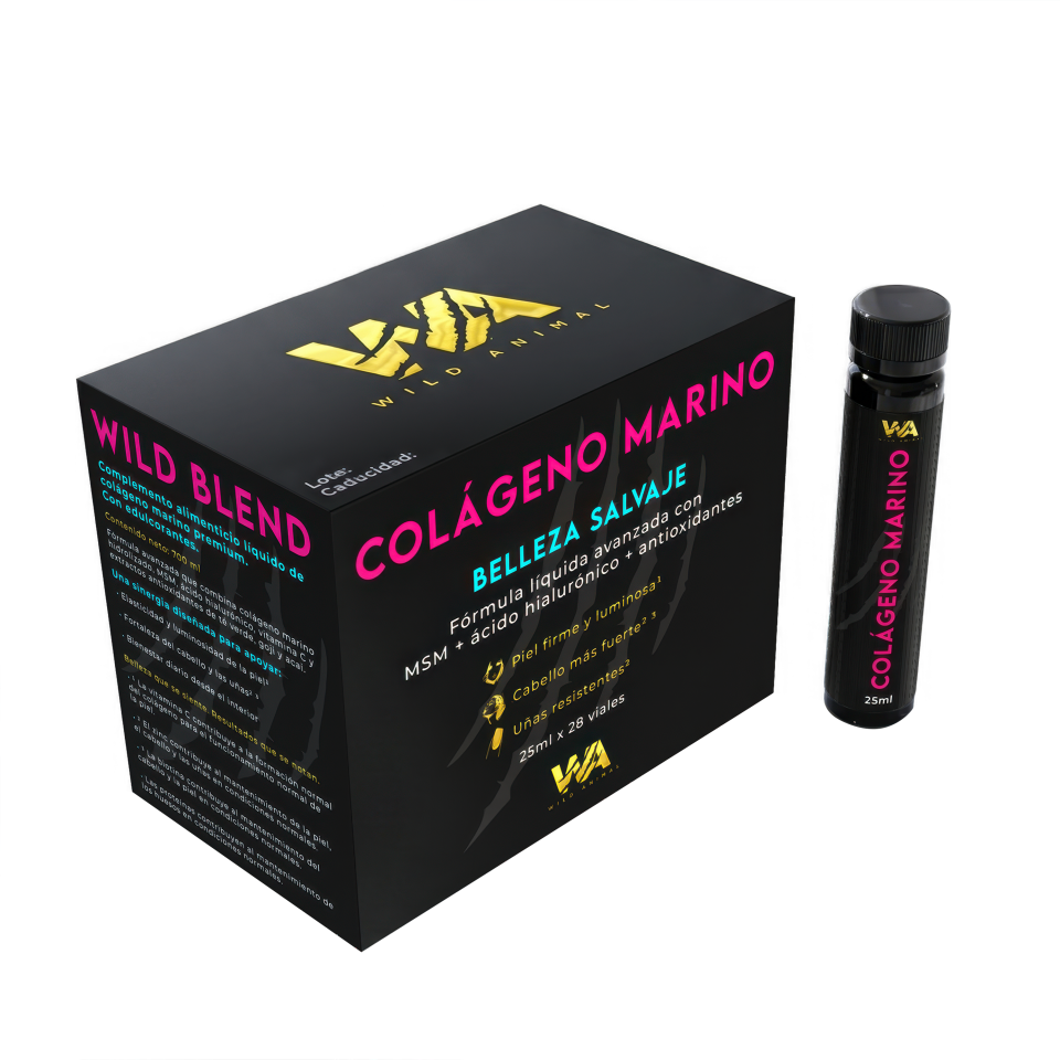 Colágeno Marino Líquido 5000mg + Ácido Hialurónico + MSM | 28 Viales | Piel, Cabello y Uñas | Antiedad y Belleza | Wild Animal