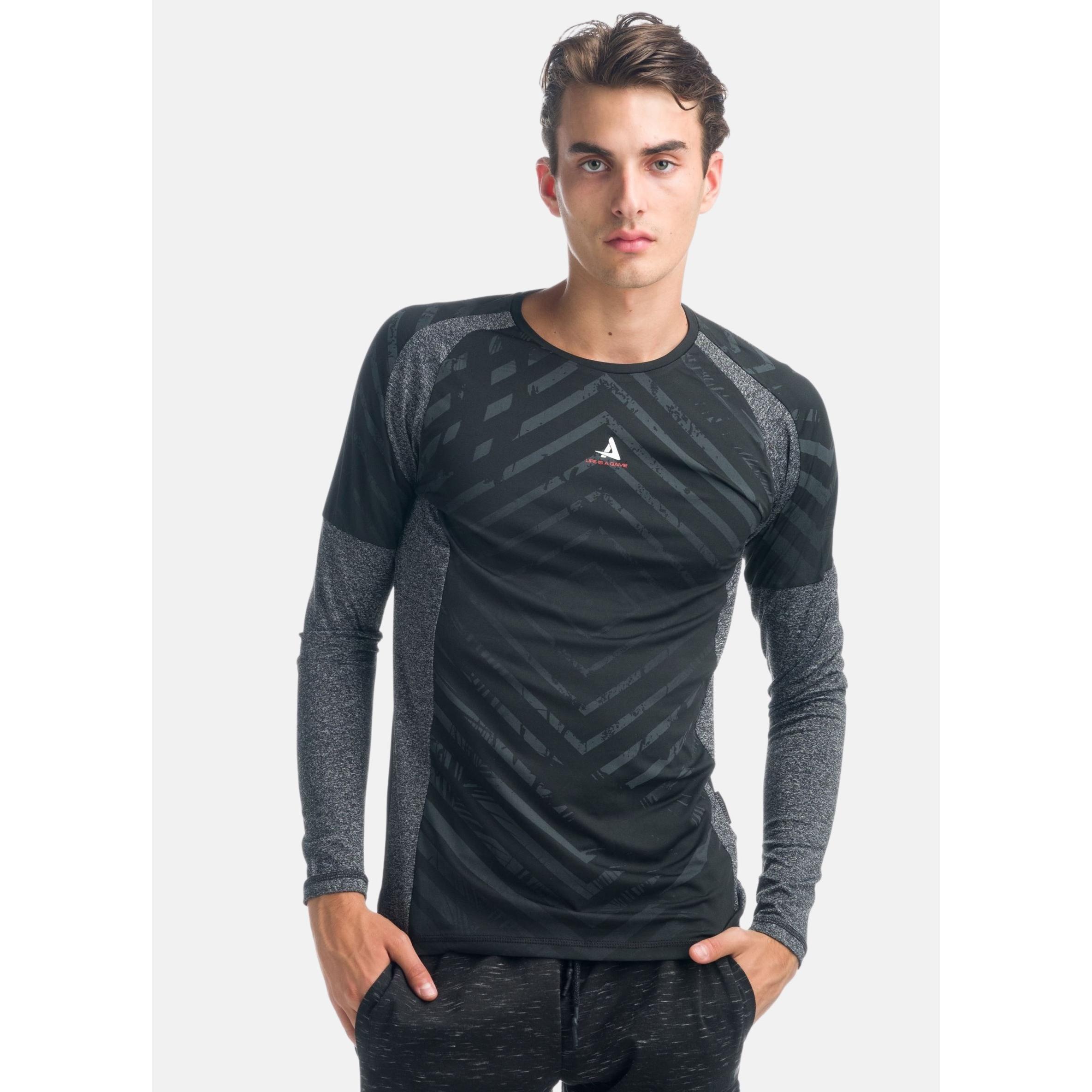 Koroshi - Camiseta deportiva manga larga raglán para hombre con estampado gráfico geométrico y paneles jaspeados a contraste, 100 % poliéster técnico de secado rápido, negro y navy