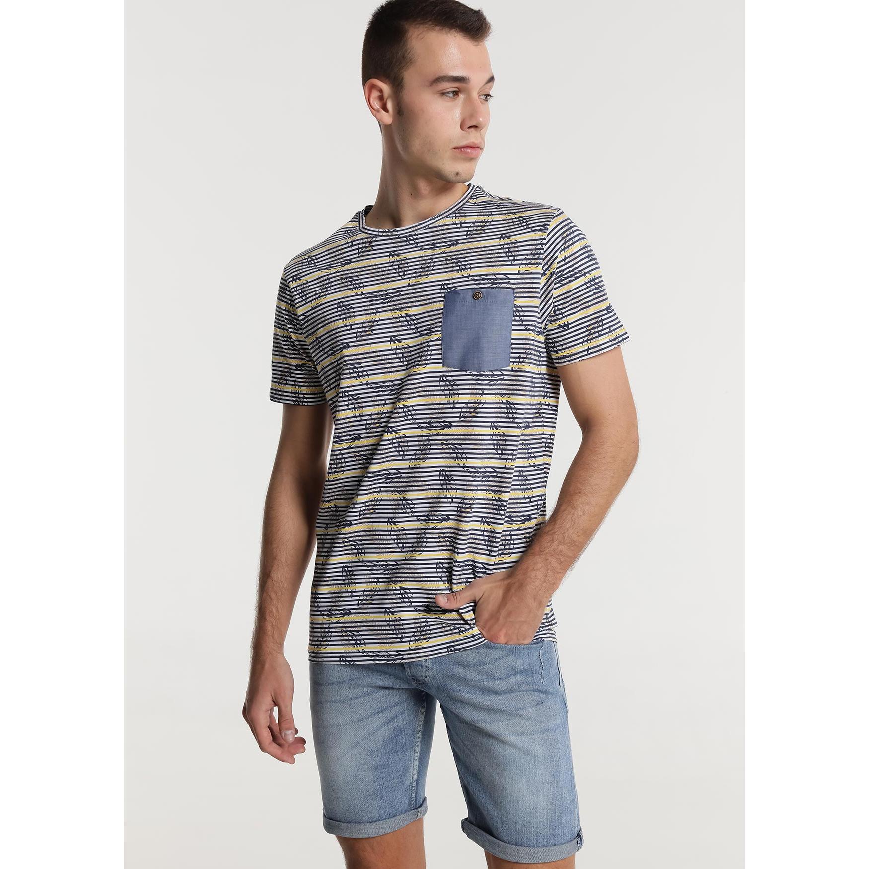 SIX VALVES - Camiseta manga corta a rayas con estampado de hojas cuello caja con bolsillo en el pecho